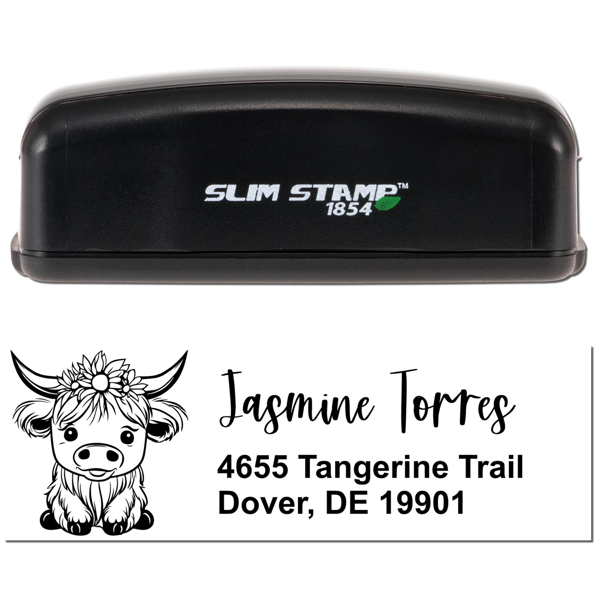 Slim Stamp 1854 custom rubber stamp with cow logo and Jasmine Torres address design for mailing.