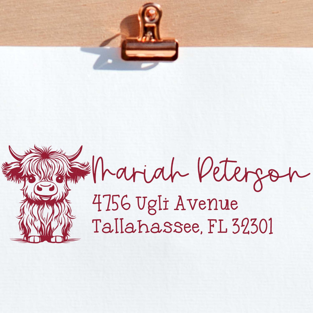 Personalized return address rubber stamp with Highland cow design for Mariah Peterson, Tallahassee, FL.