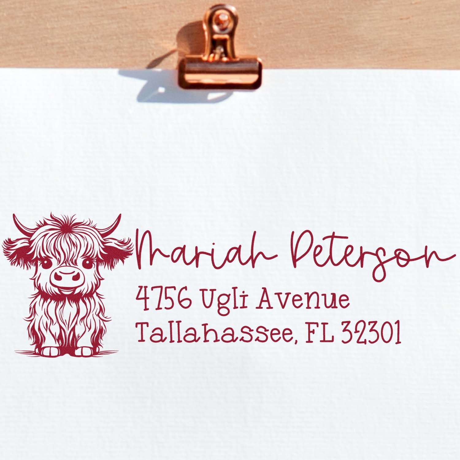 Personalized return address rubber stamp with cow design for Mariah Peterson, Tallahassee, FL 32301