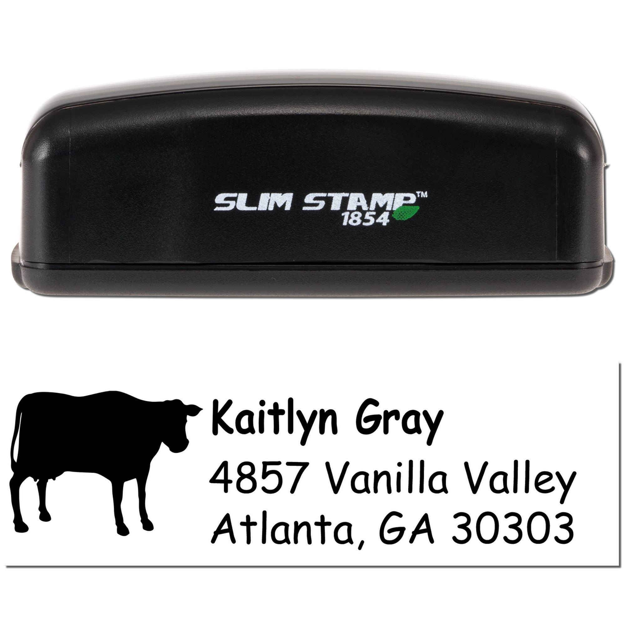 Slim Stamp 1854 custom self-inking address rubber stamp with cow logo for Kaitlyn Gray, Atlanta, GA 30303.