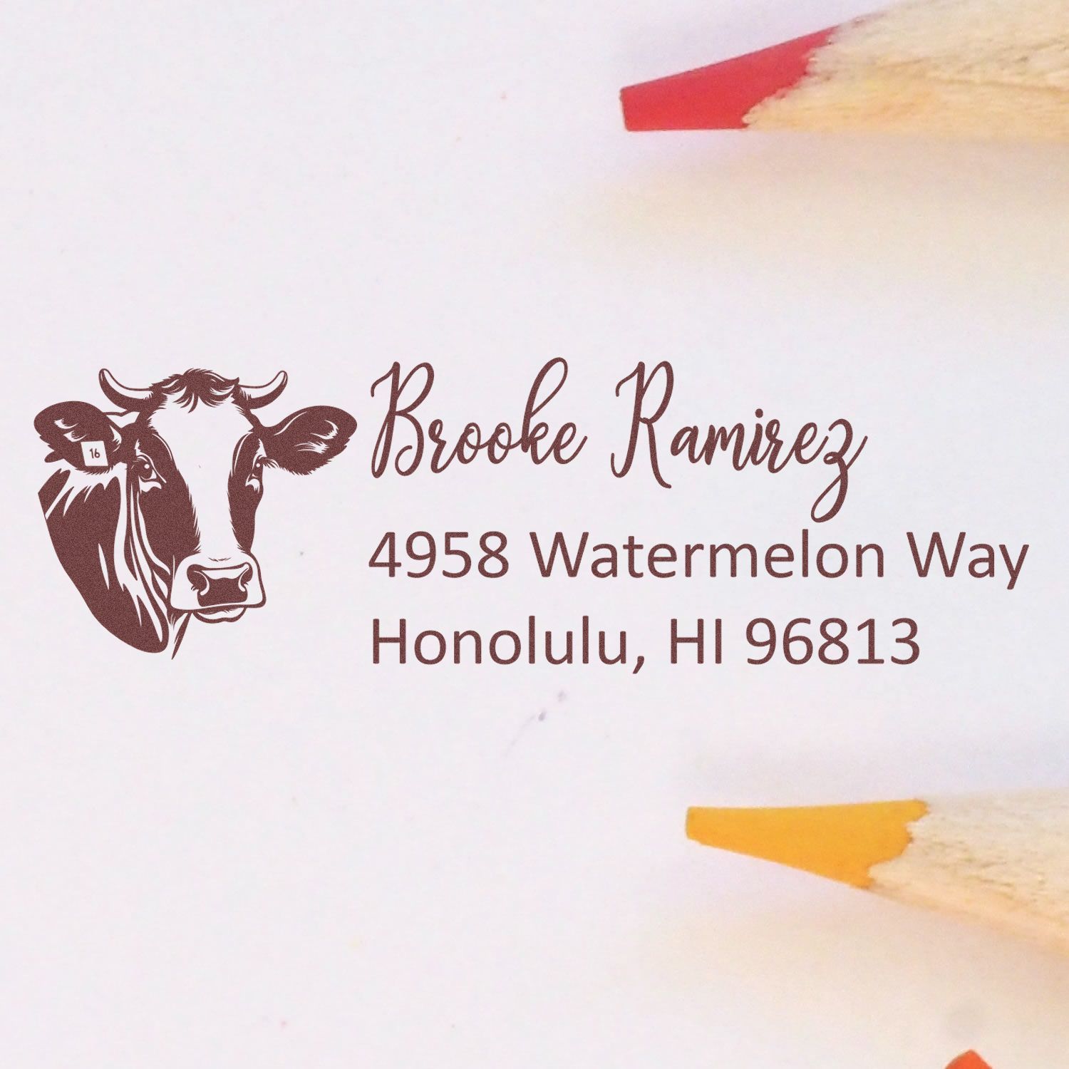 Personalized cow return address rubber stamp for Brooke Ramirez, 4958 Watermelon Way, Honolulu, HI 96813