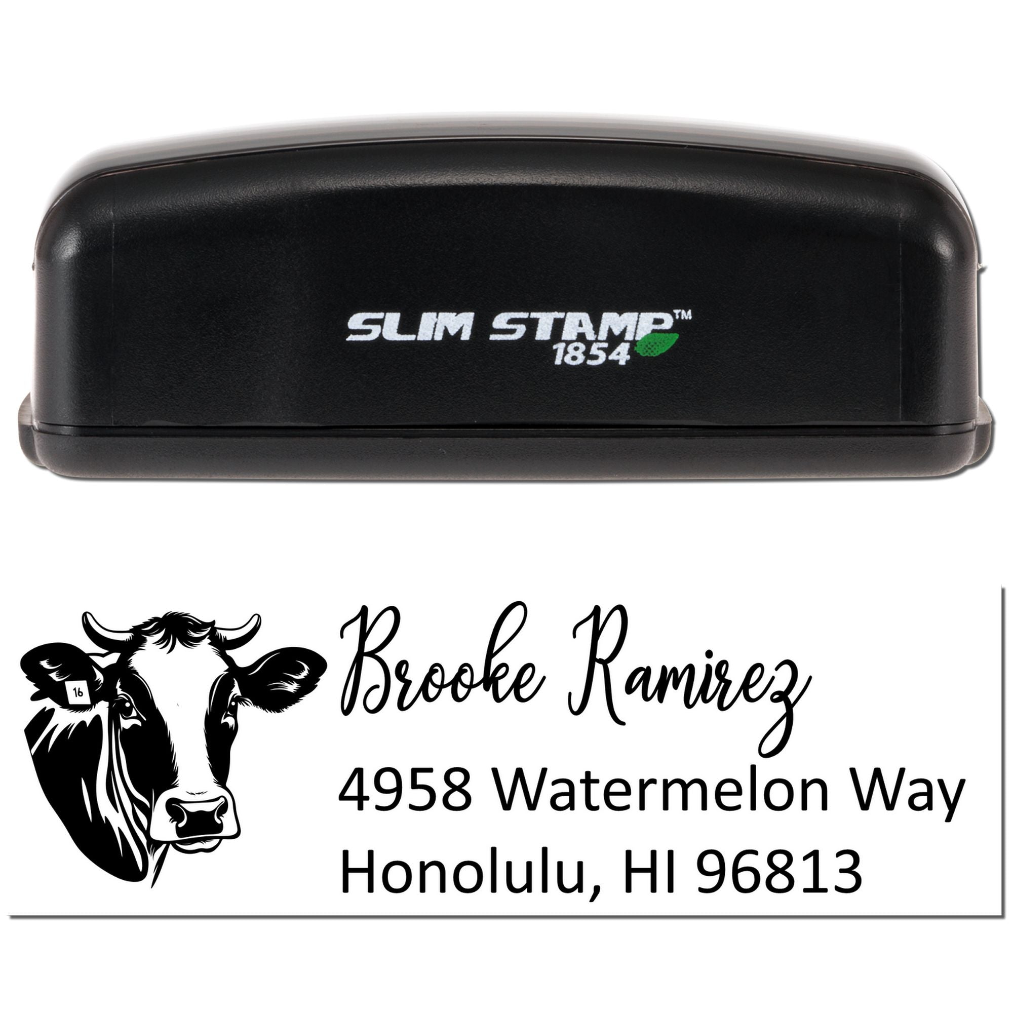 Custom self-inking rubber stamp for return address, featuring cow logo and Brooke Ramirez, Honolulu, HI 96813.