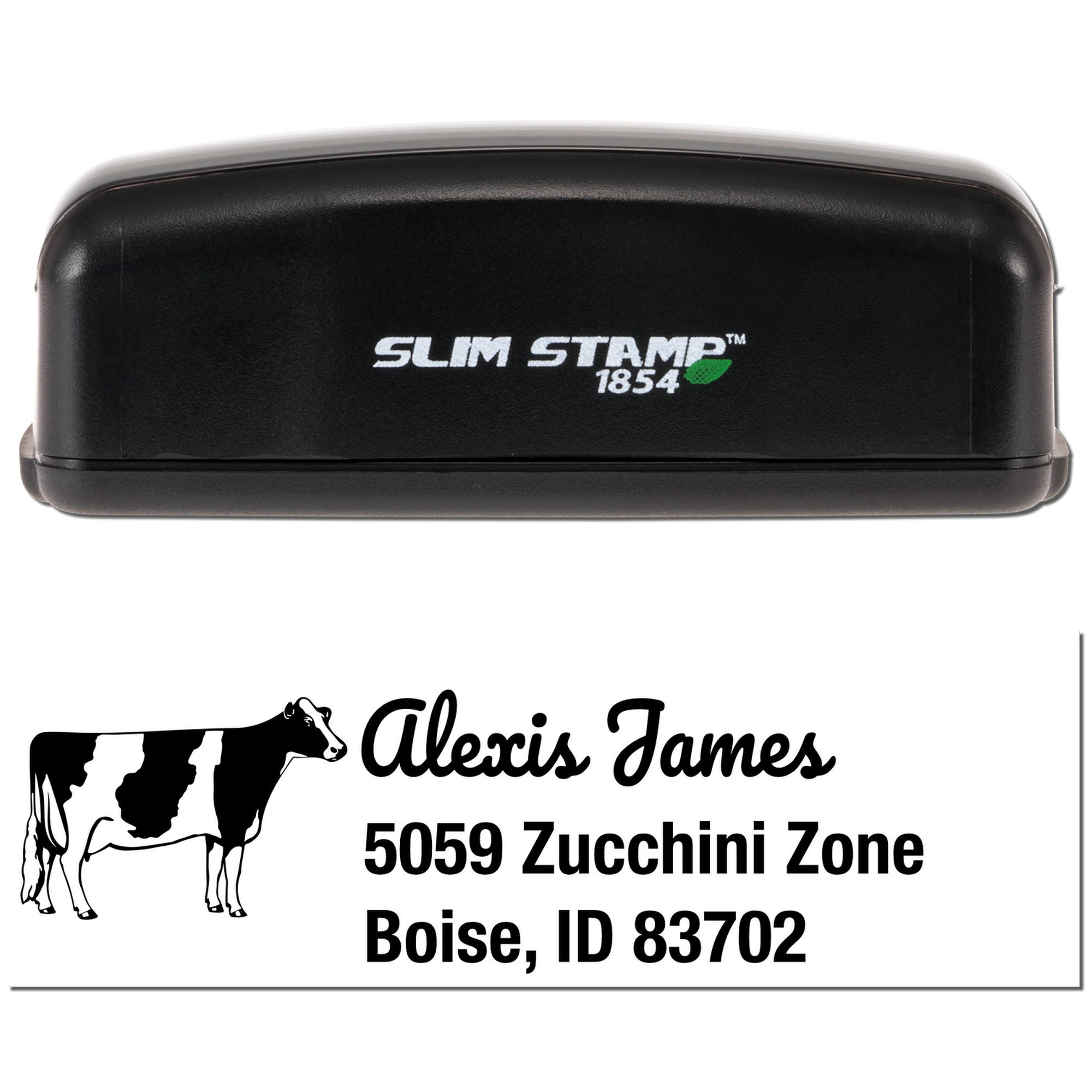 Custom Slim Stamp 1854 rubber address stamp with cow logo for Alexis James, Boise, ID 83702.