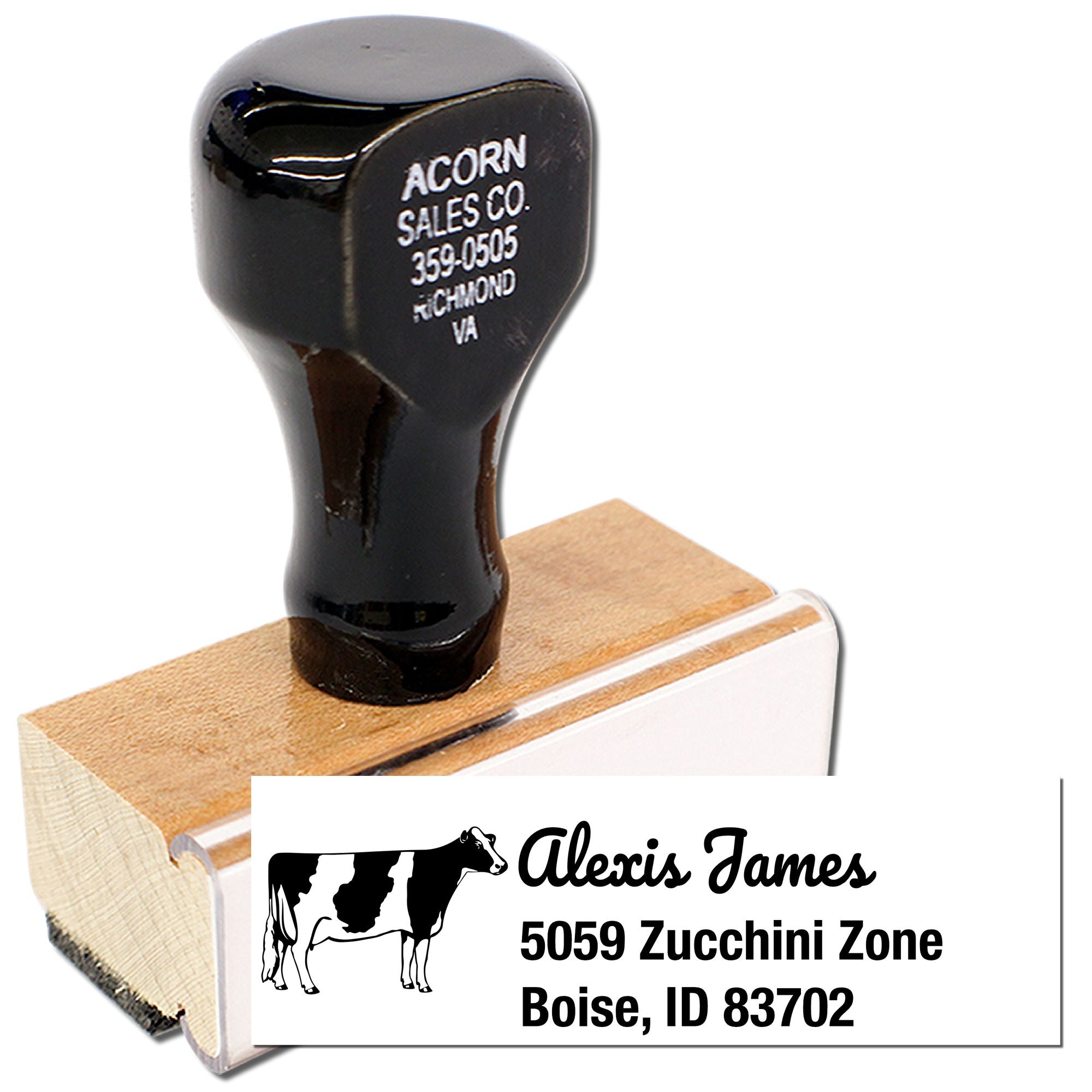 Personalized rubber address stamp with cow logo for Alexis James, Boise, ID 83702