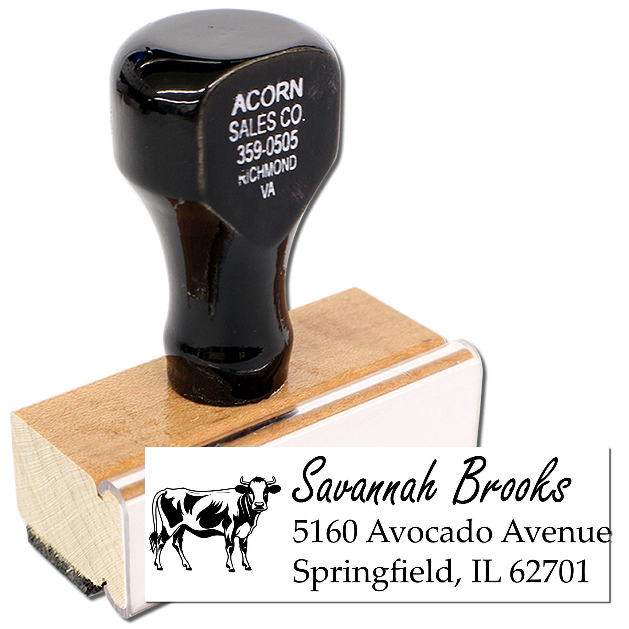 Custom rubber stamp with cow logo and return address for Savannah Brooks, Springfield, IL 62701.