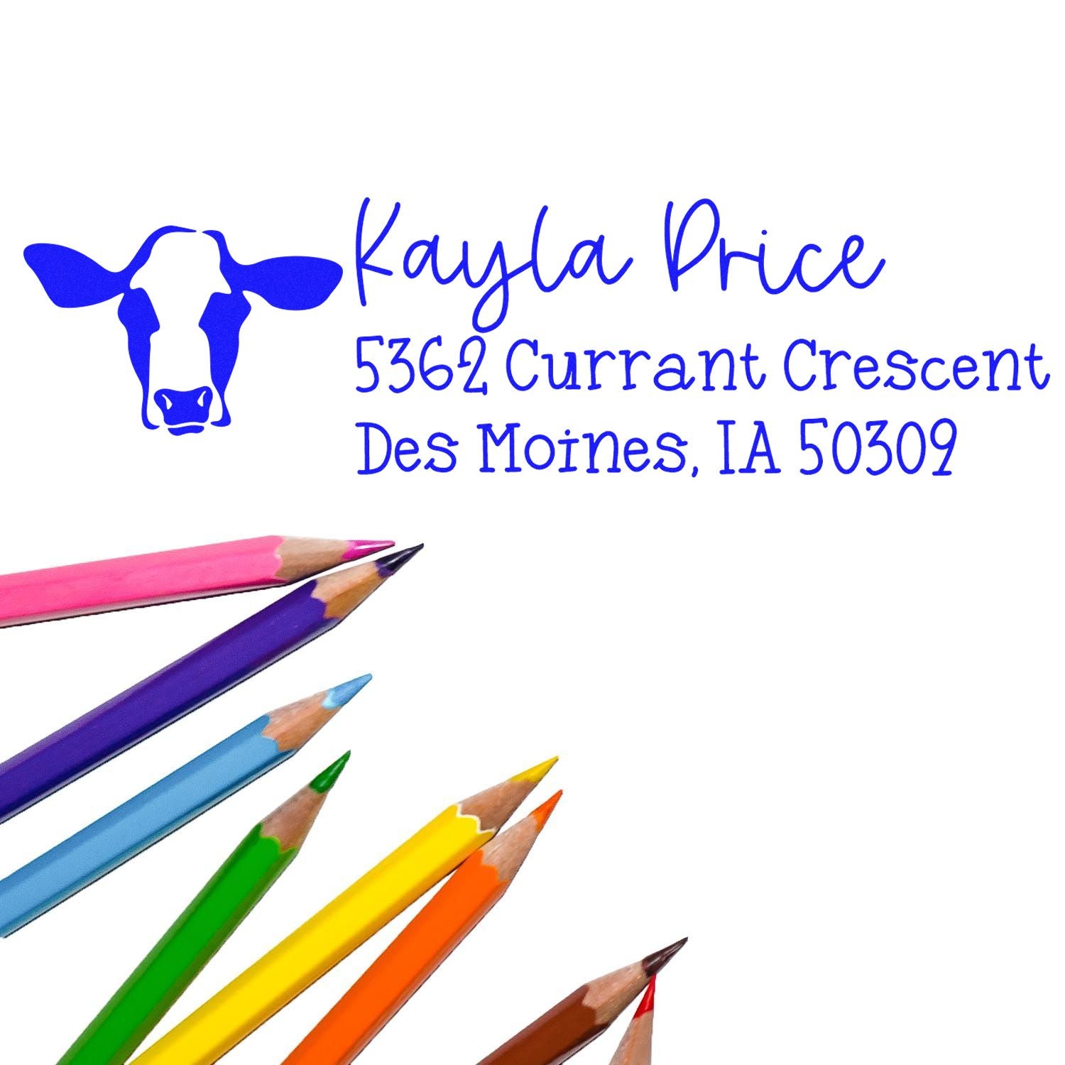 Custom cow logo return address rubber stamp for Kayla Price, 5362 Currant Crescent, Des Moines, IA 50309