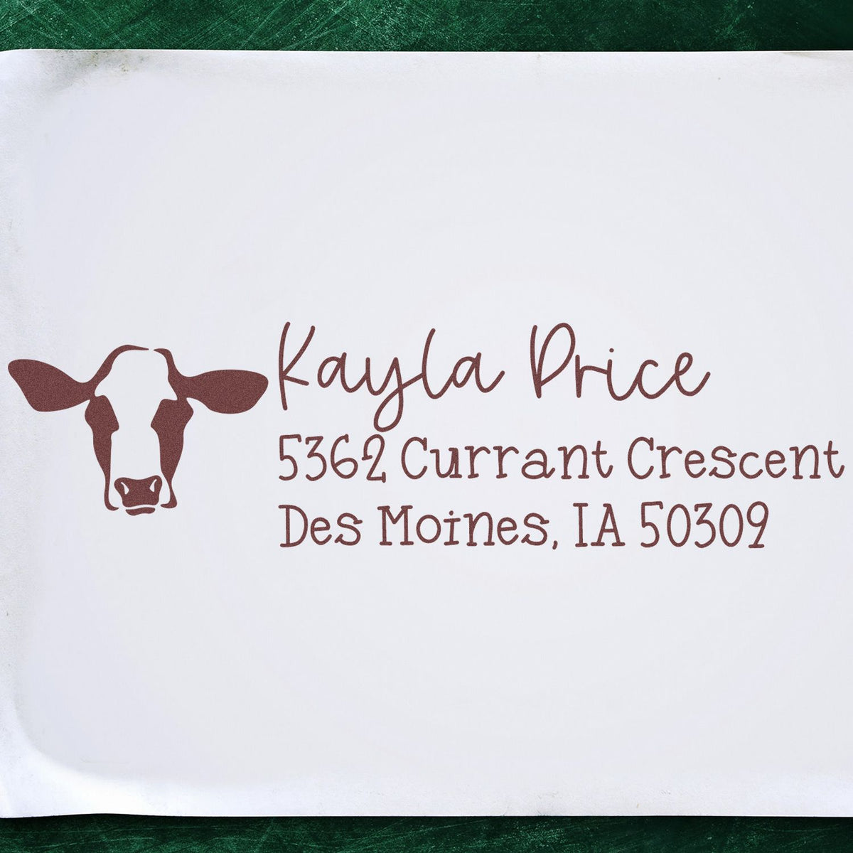 Custom rubber address stamp with cow logo for Kayla Price, 5362 Currant Crescent, Des Moines, IA 50309