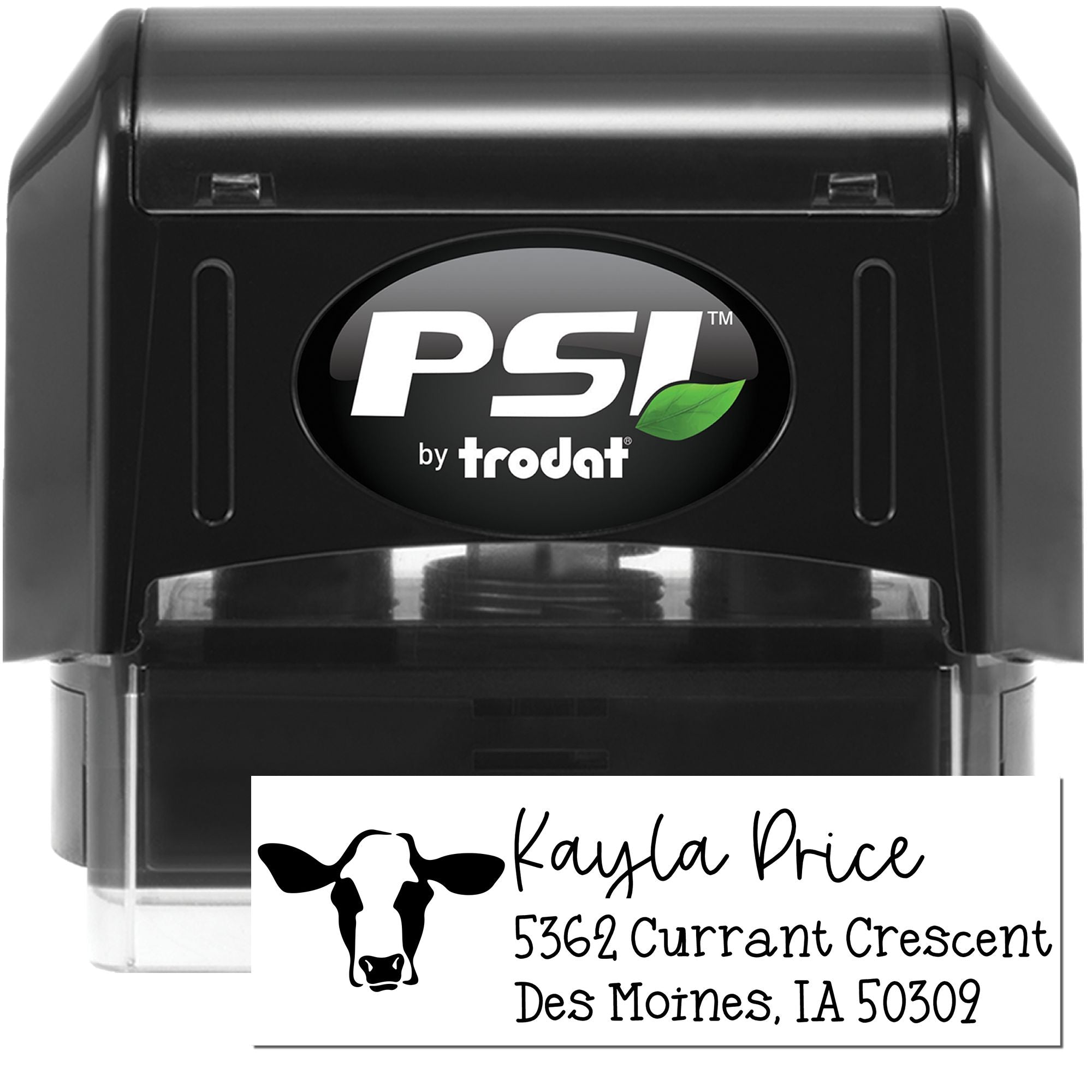 PSI by Trodat self-inking custom address rubber stamp with cow logo, shown with personalized name and business address imprint.