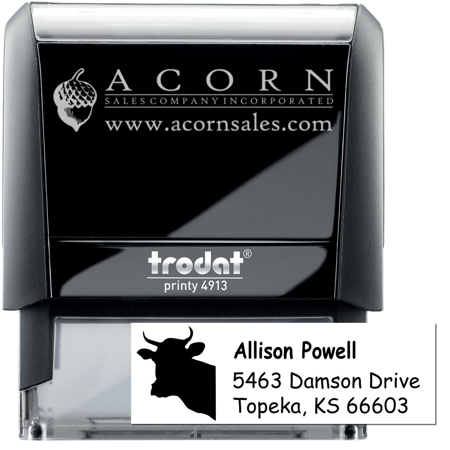 Custom self-inking rubber stamp with business logo and address, Trodat Printy 4913, ideal for branded mailing.