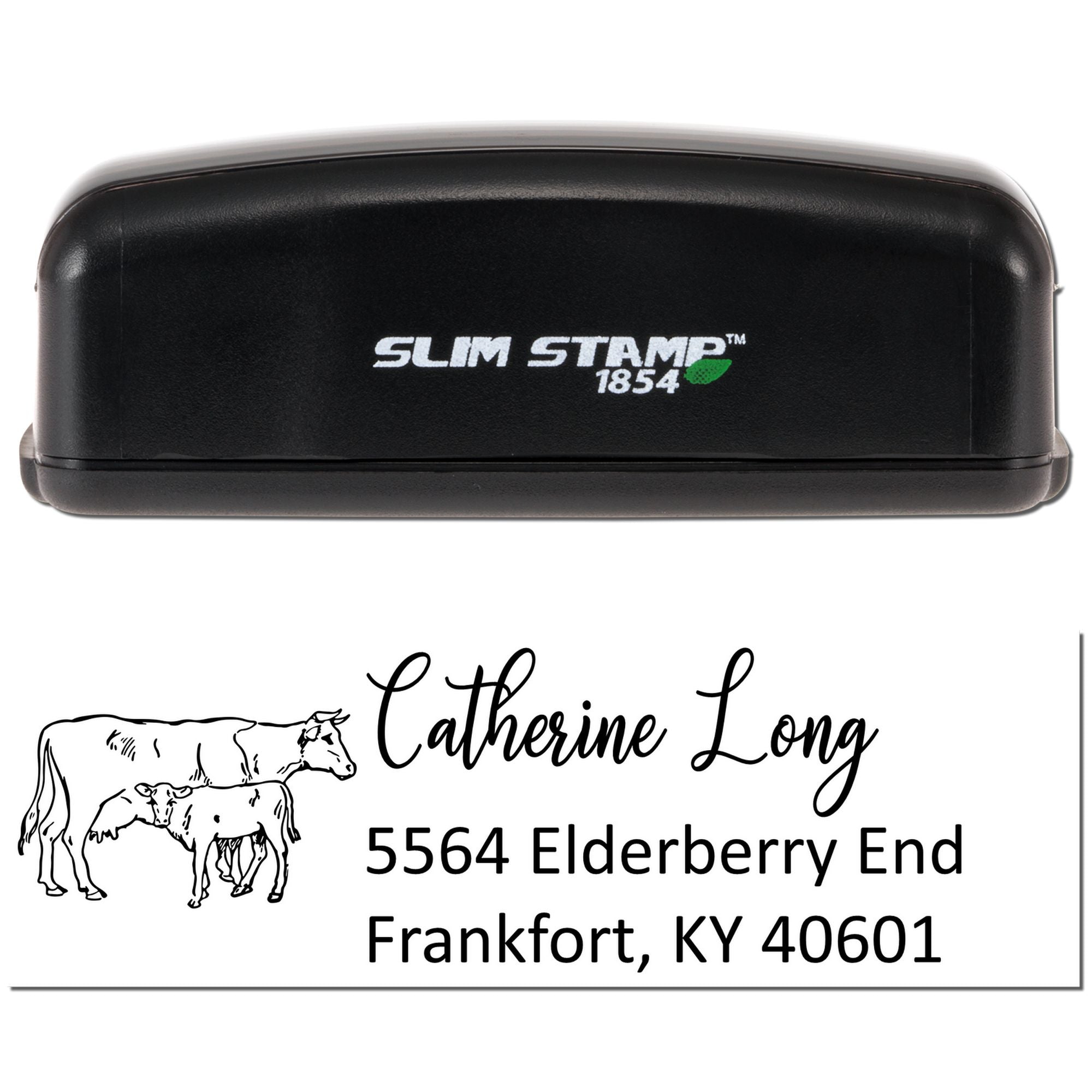Custom Slim Stamp 1854 rubber stamp with cow design and return address for personalized farm mail and business use