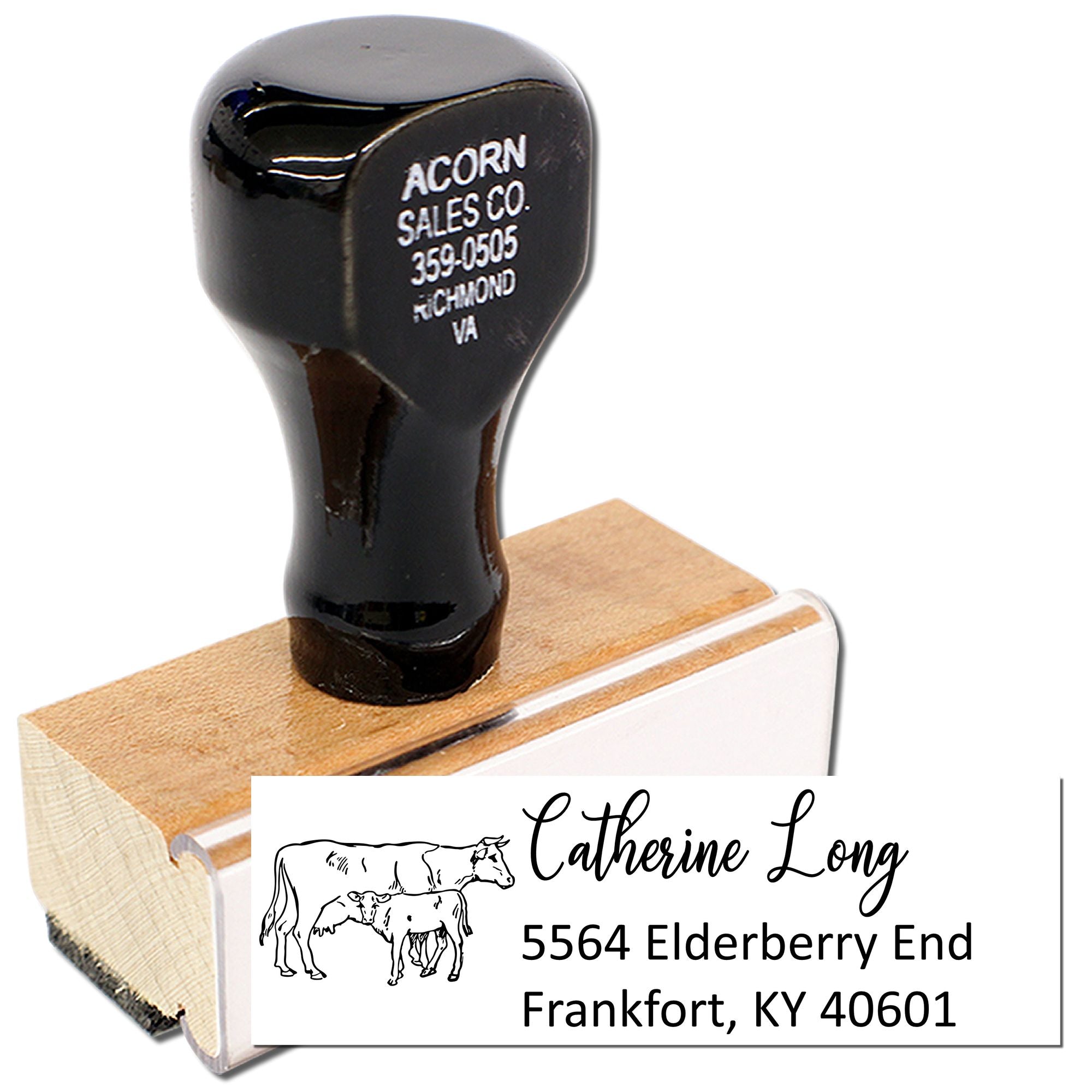 Custom cattle return address rubber stamp with name and address for Frankfort, KY.