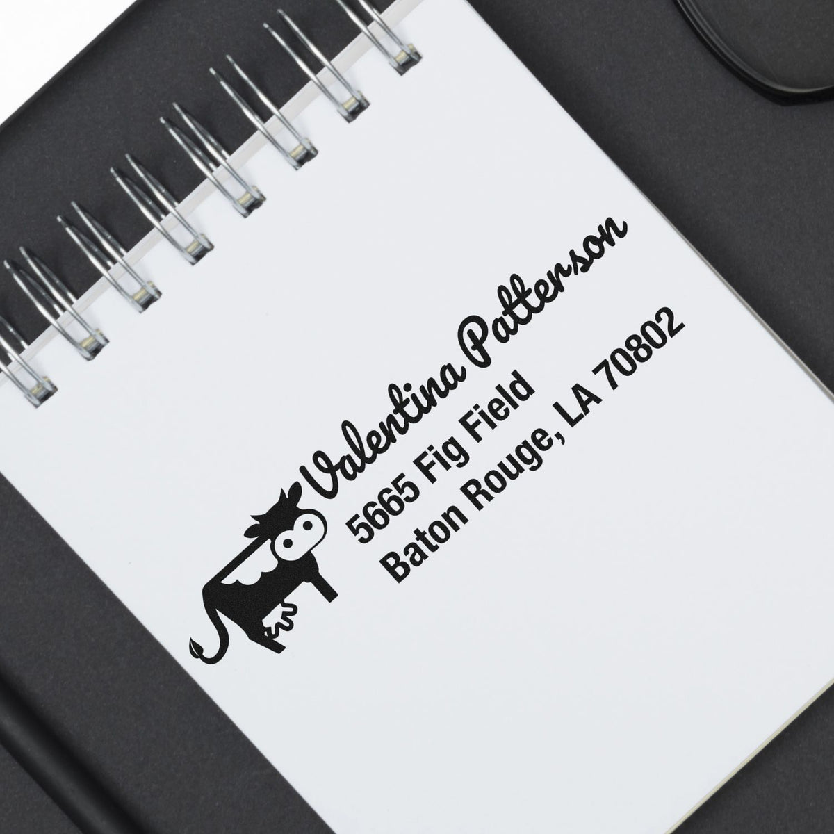 Custom address stamp with monkey logo and personalized return address for Valentina Patterson, Baton Rouge, LA 70802.