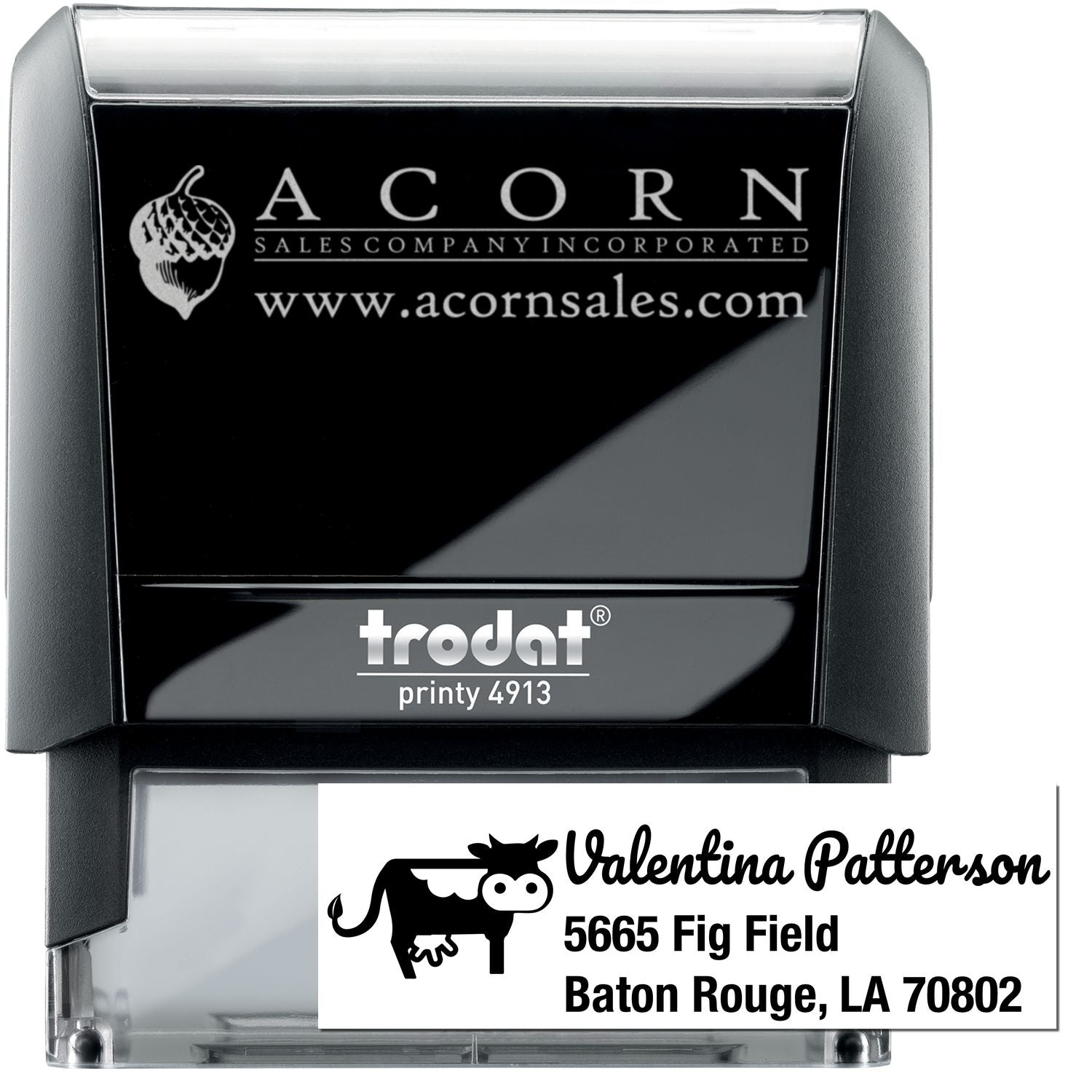 Trodat Printy 4913 self-inking rubber stamp with custom business logo and address imprint example