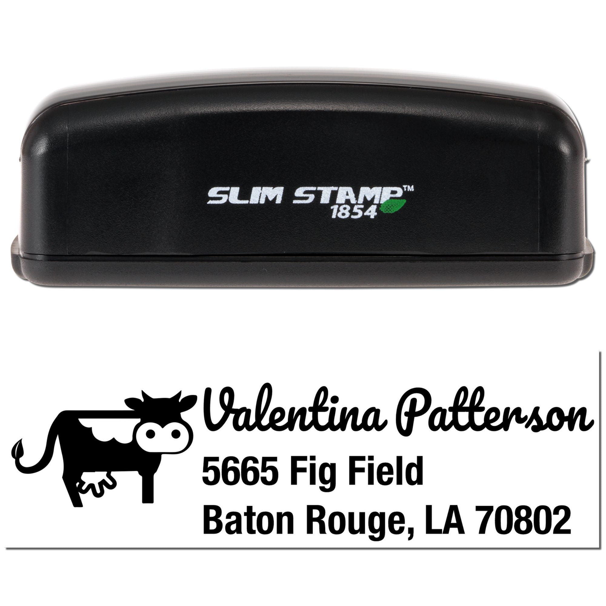 Slim Stamp 1854 self-inking rubber address stamp with custom cow logo for Valentina Patterson, Baton Rouge, LA