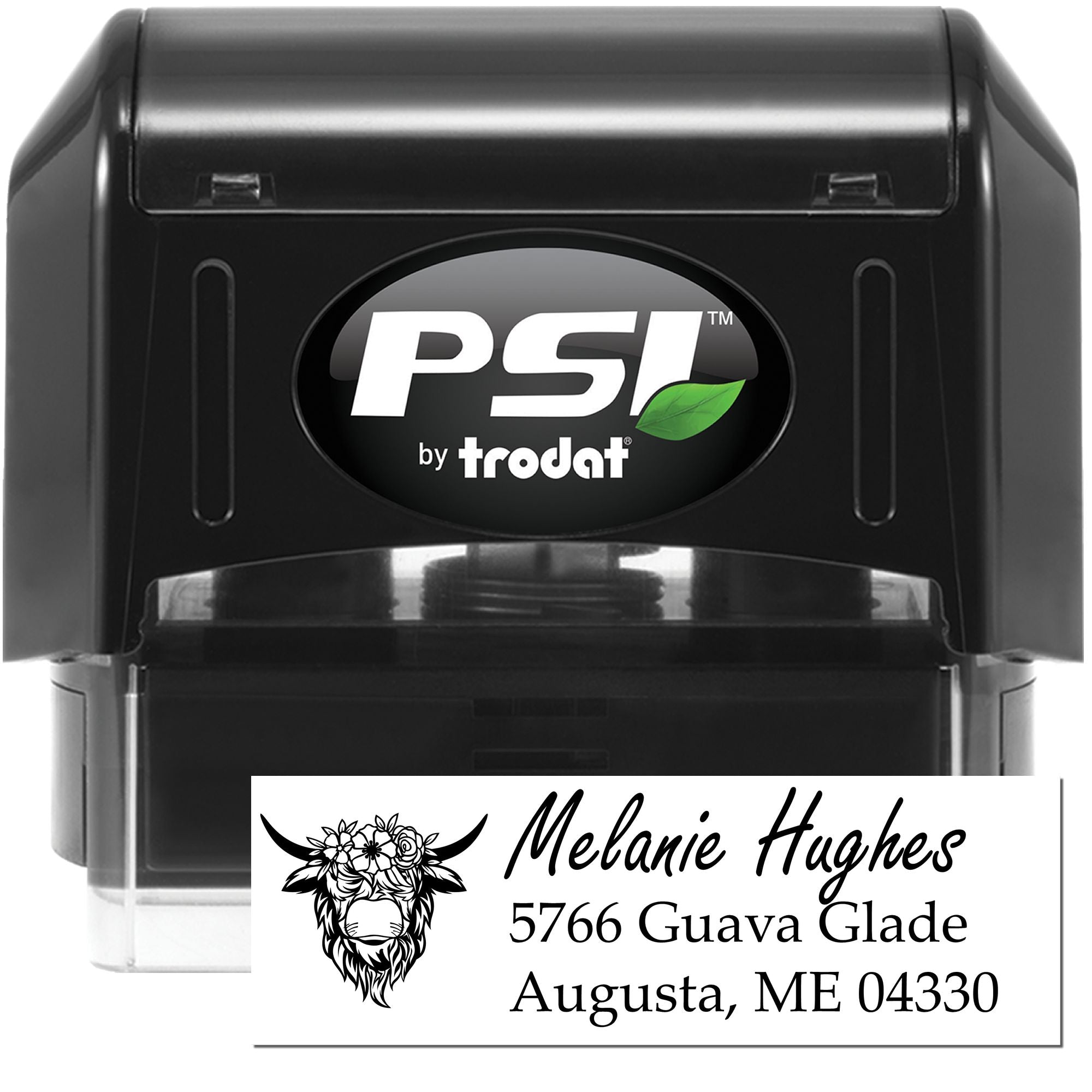 PSI by Trodat custom self-inking rubber stamp with return address imprint and decorative monogram design