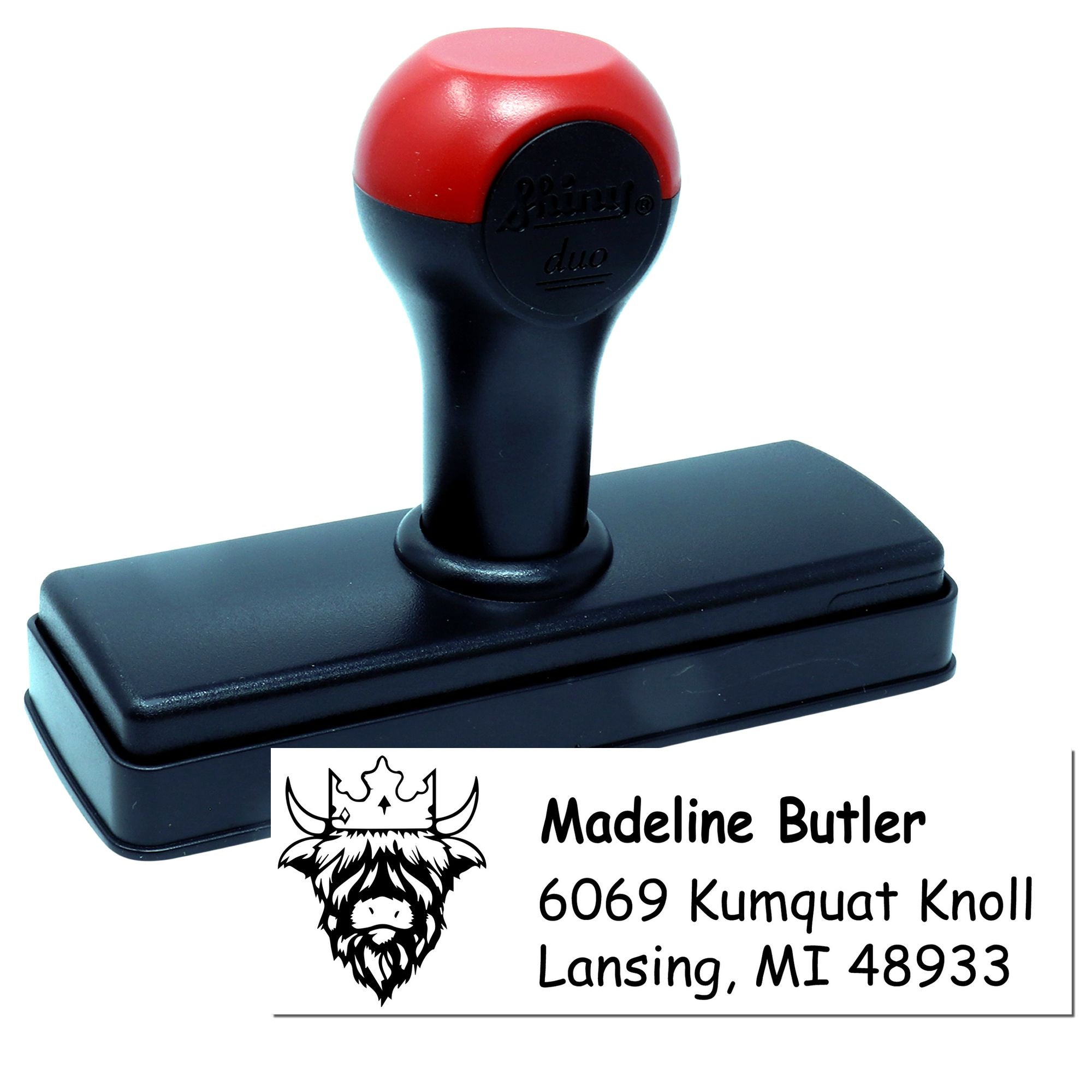 Personalized self-inking rubber address stamp with custom name, address, and logo for mailing and business use.