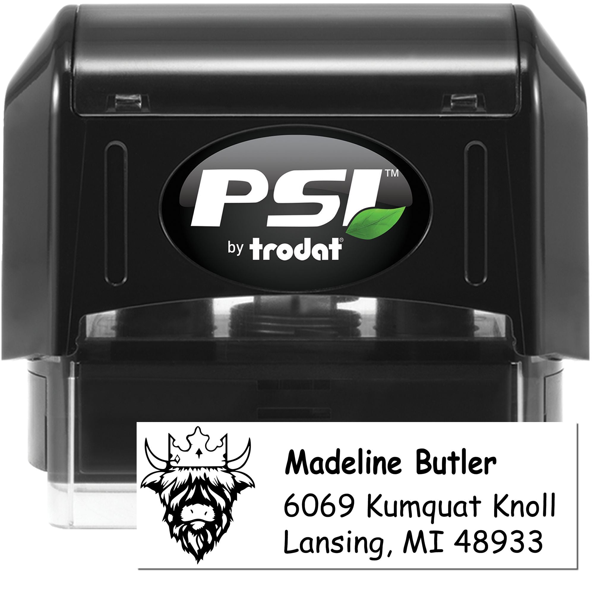 PSI by Trodat self-inking custom address rubber stamp with logo, name and address imprint for business mailing.