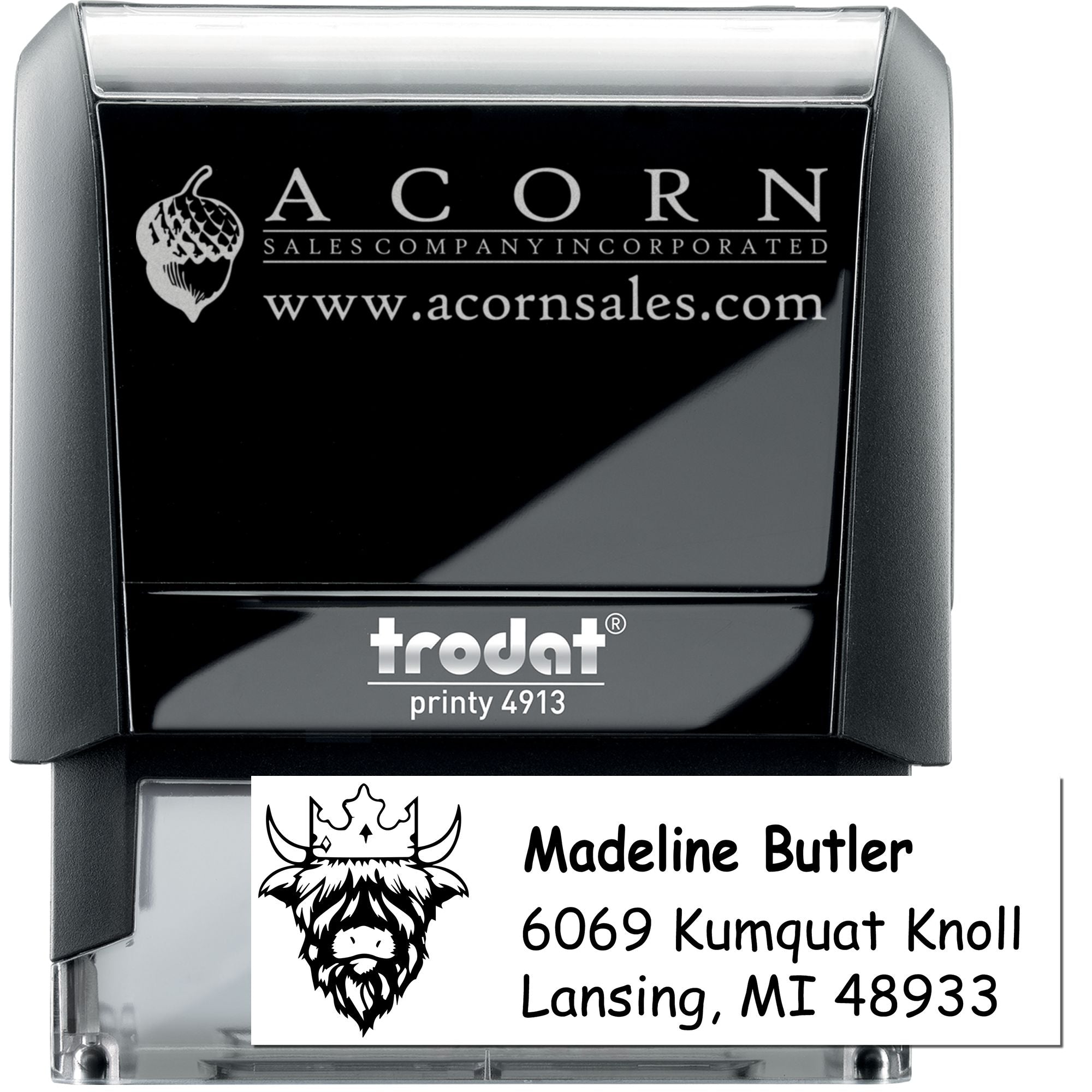 Custom self-inking rubber stamp with logo and address, perfect for business branding and mailing.