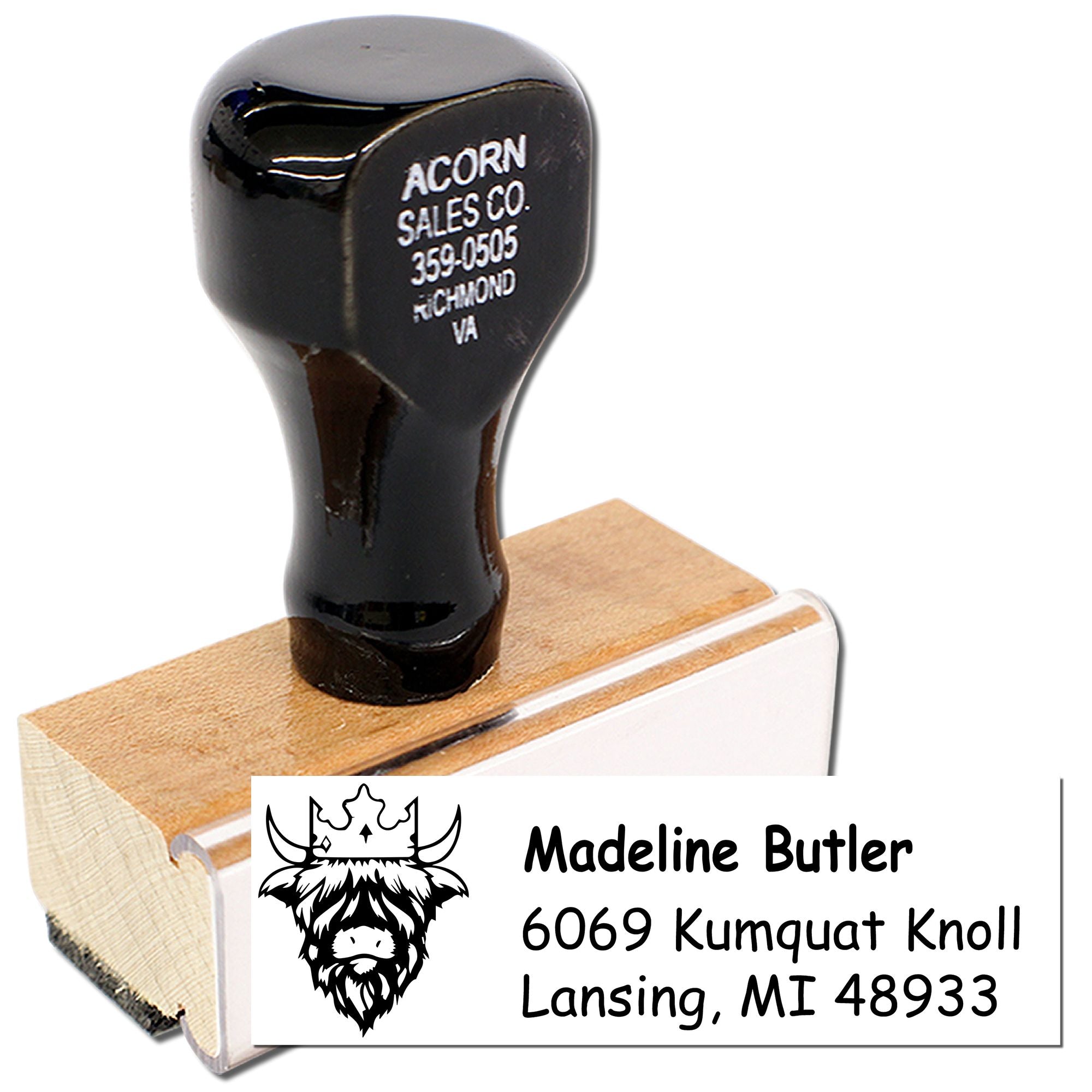 Custom rubber return address stamp with logo for Madeline Butler, Lansing, MI