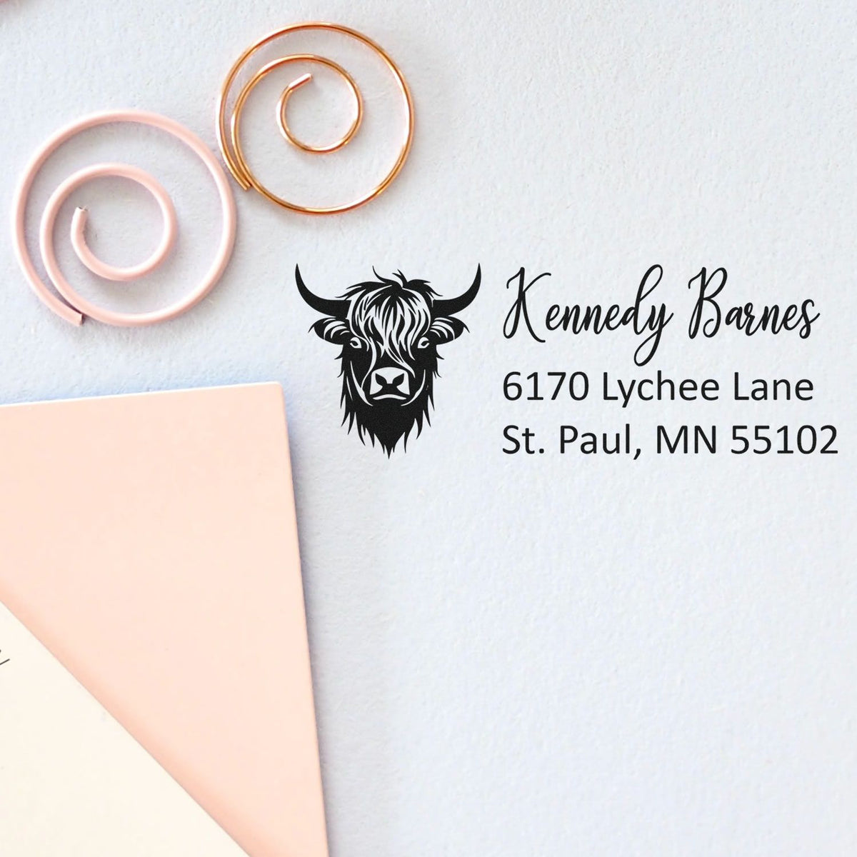 Personalized return address rubber stamp with bull logo, Kennedy Barnes name, and St. Paul, MN address for envelopes.