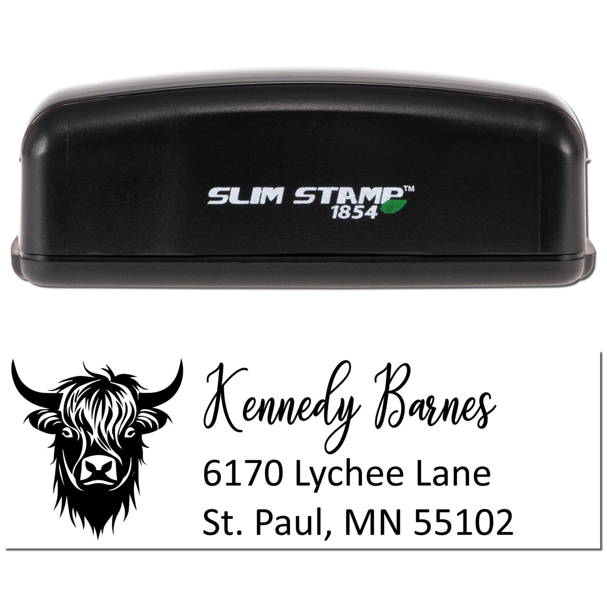 Custom self-inking rubber stamp with cow logo and Kennedy Barnes address for mailing, business branding, and farm stationery.