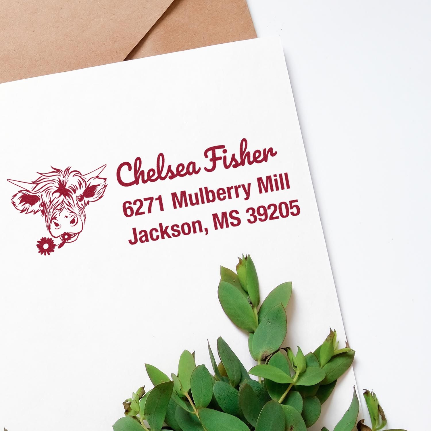 Personalized rubber address stamp with cow logo, Chelsea Fisher, and Jackson, MS 39205 on white stationery.