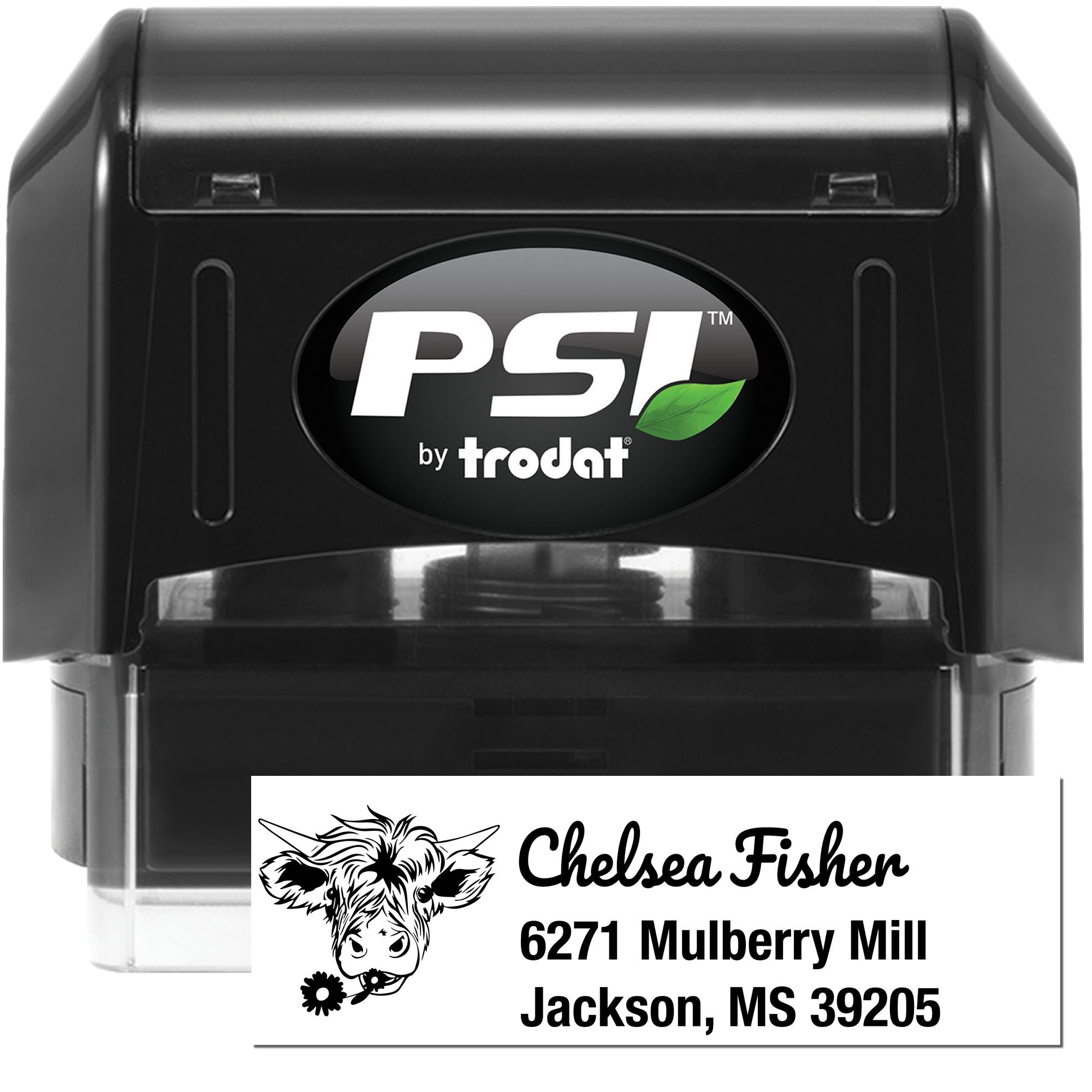 PSI by Trodat self-inking rubber address stamp with custom cow logo, Chelsea Fisher name, and Jackson, MS return address.