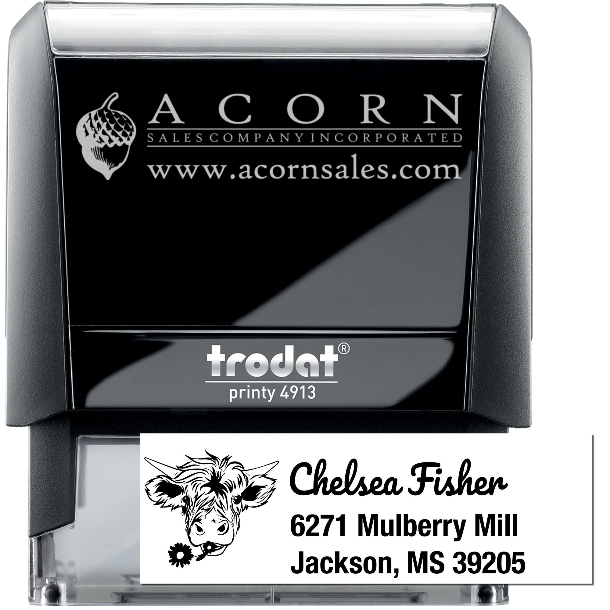 Custom self-inking rubber stamp with logo and address imprint, ideal for business branding and mailing.