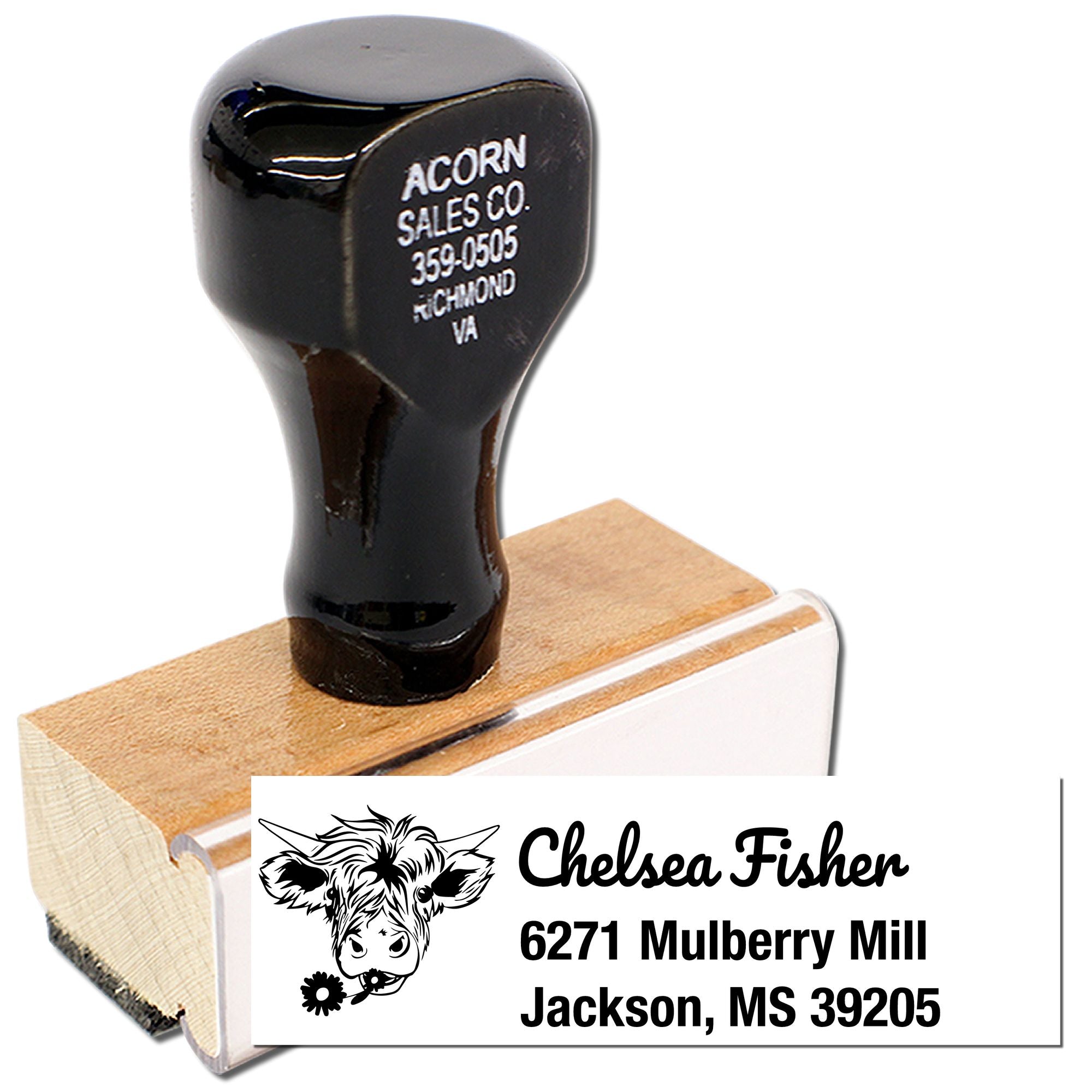 Custom rubber address stamp with cow logo for Chelsea Fisher, 6271 Mulberry Mill, Jackson, MS 39205