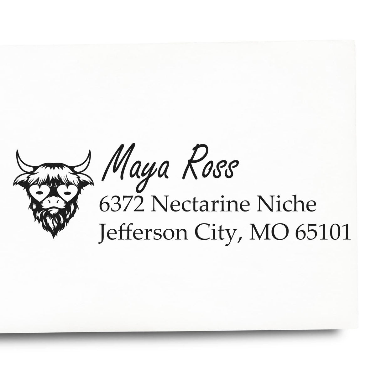 Custom return address rubber stamp with cow logo, Maya Ross, and Jefferson City, MO 65101 address design.