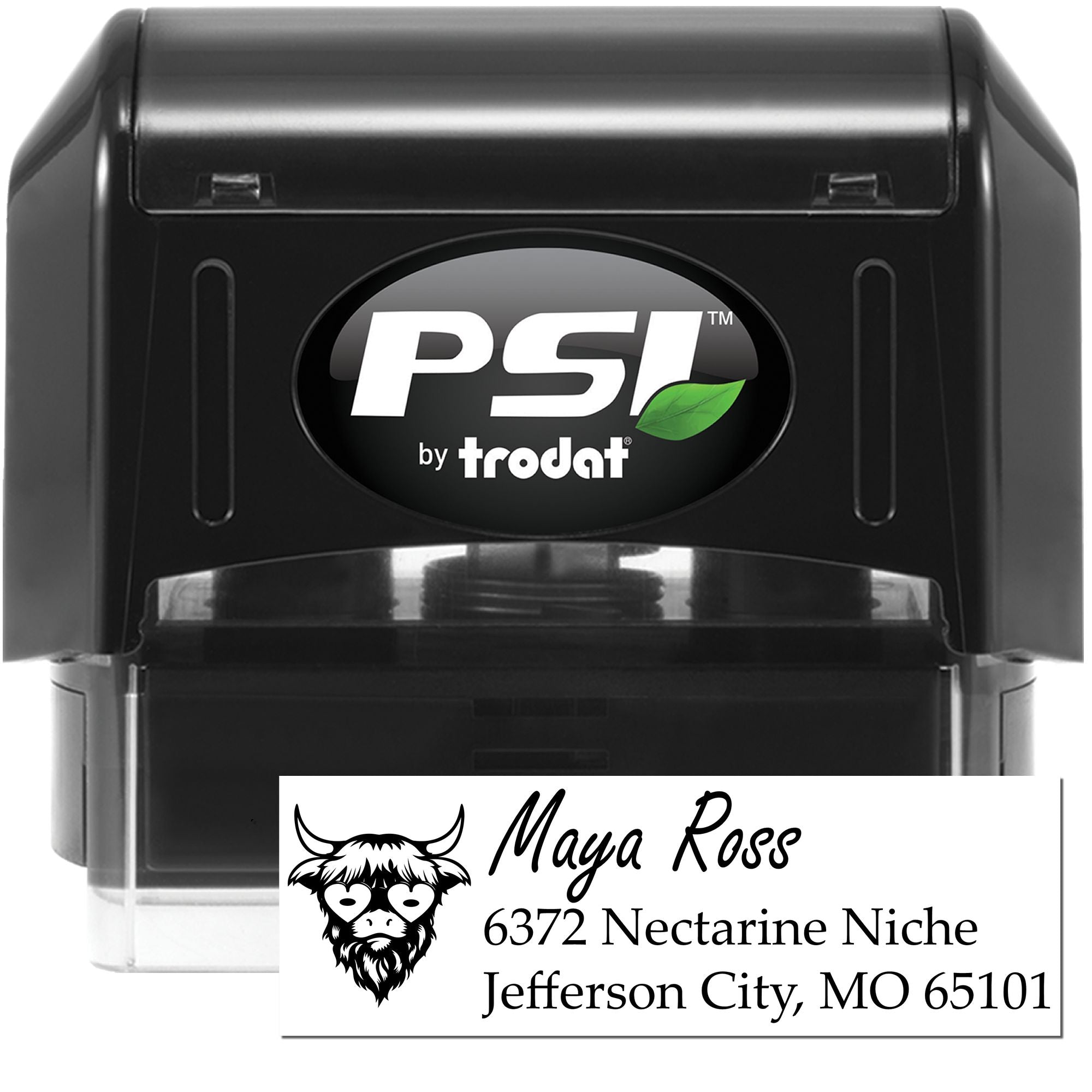 Custom self-inking address rubber stamp by PSI Trodat with personalized name and return address.