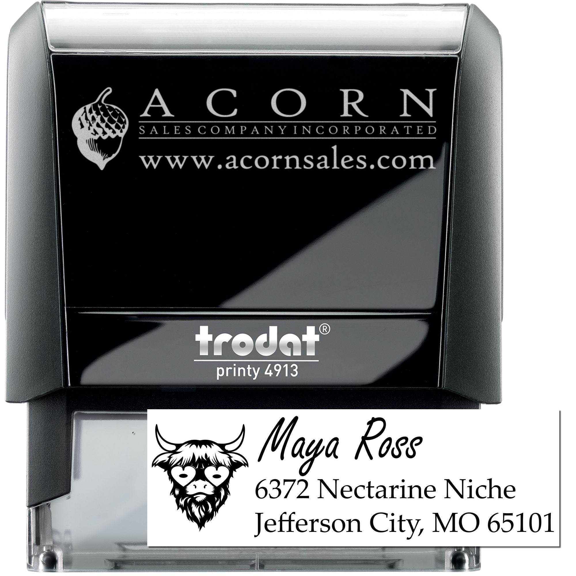 Custom self-inking rubber stamp with logo and return address for business mailing and branding, Trodat Printy 4913.