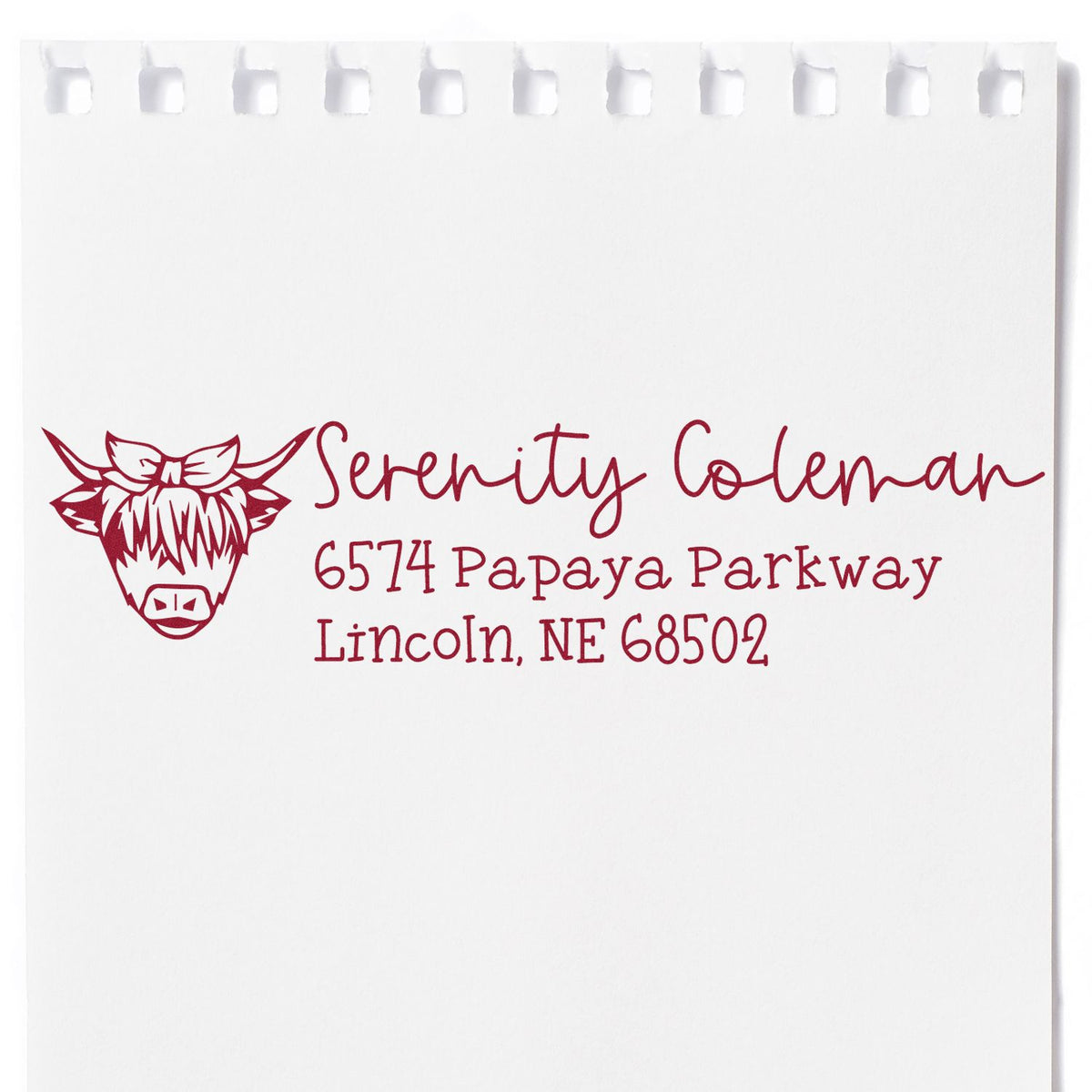 Custom return address rubber stamp with cow logo for Serenity Coleman, 6574 Papaya Parkway, Lincoln, NE 68502