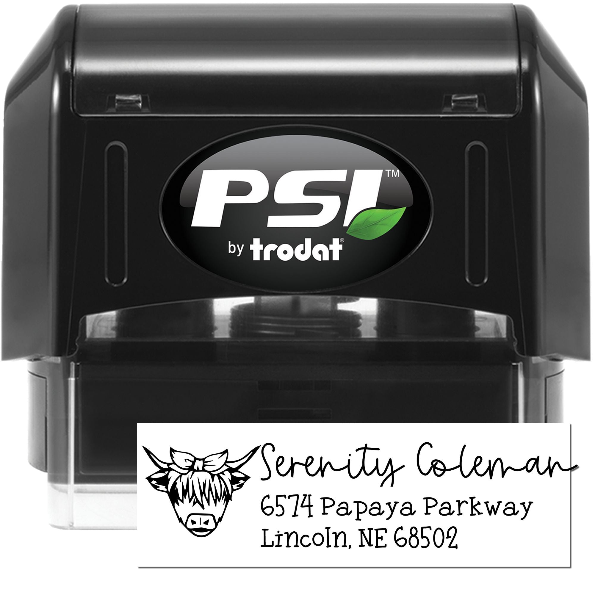 PSI by Trodat self-inking custom address rubber stamp with Serenity Coleman return address and llama logo