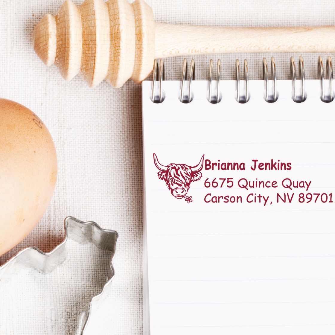 Custom return address rubber stamp with cow logo for Brianna Jenkins, imprinting name and Carson City, NV address on stationery.