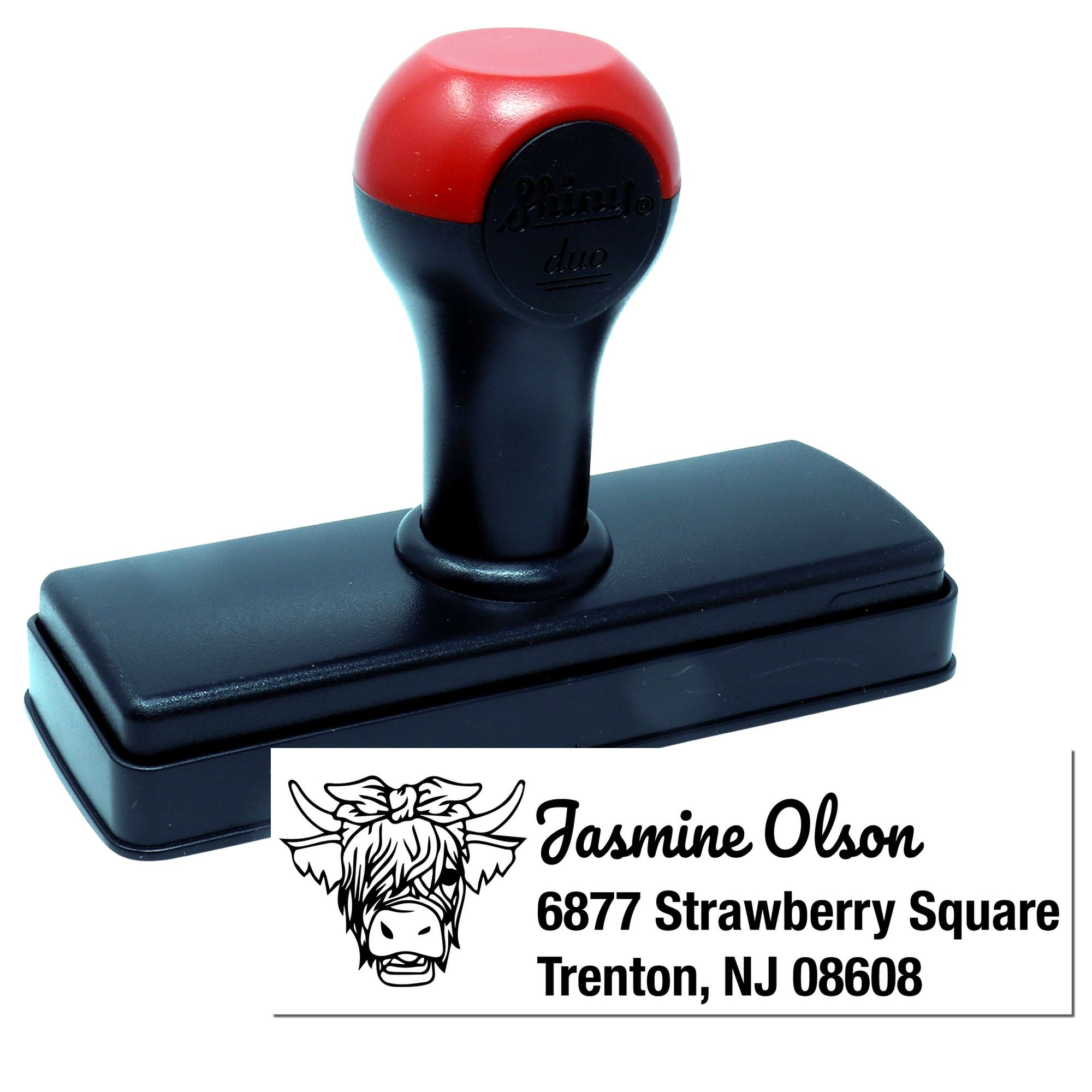 Custom self-inking rubber address stamp with personalized name and return address for envelopes, mail, and business use.