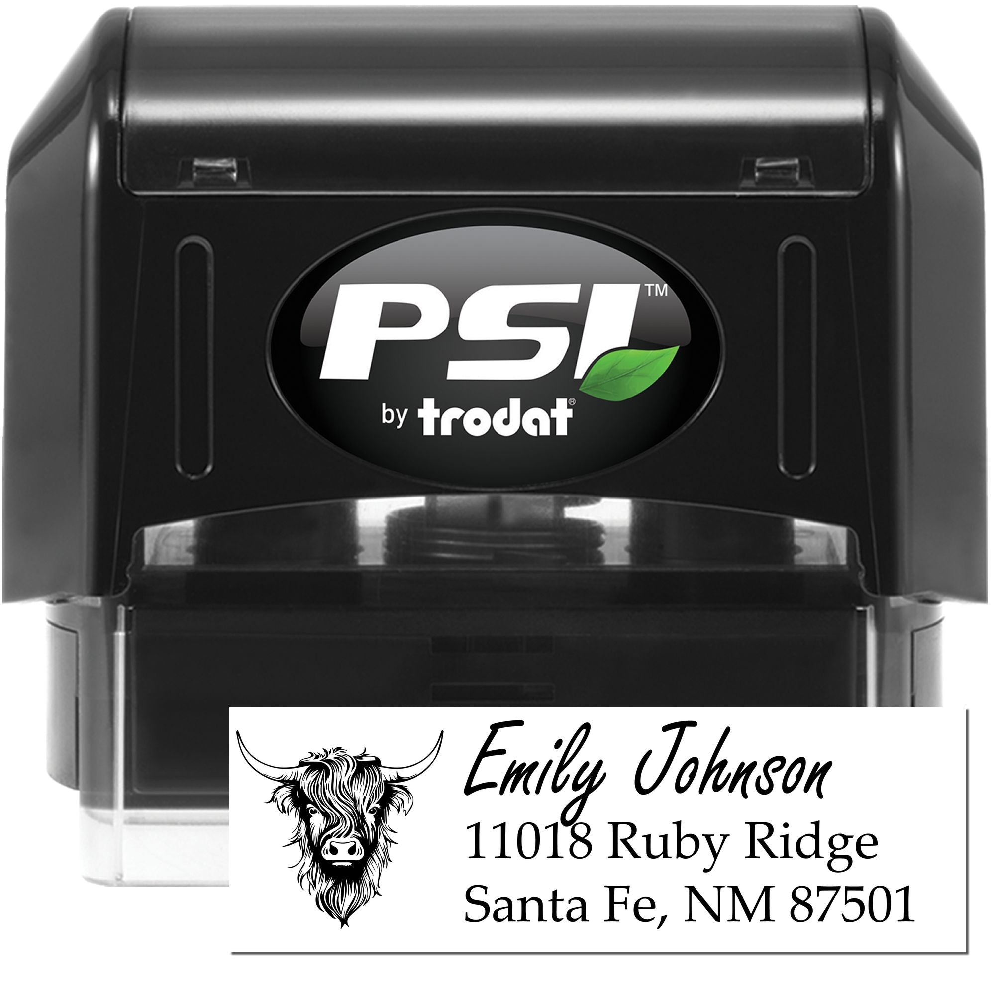 PSI by Trodat self-inking custom address stamp with Highland cow design for personalized return mailing.