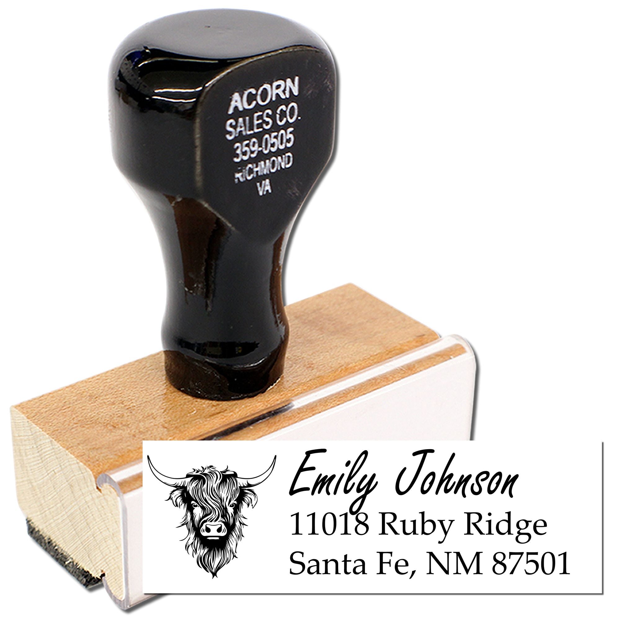 Custom address rubber stamp with cow logo and personalized return address design for family mailings.