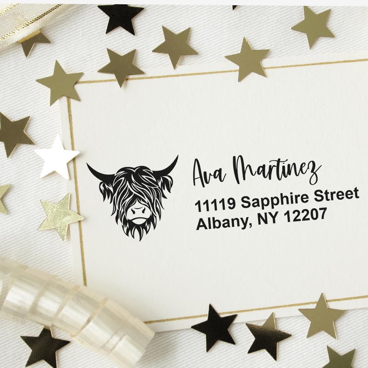 Personalized rubber stamp return address with bull logo, name, and address for custom envelopes.
