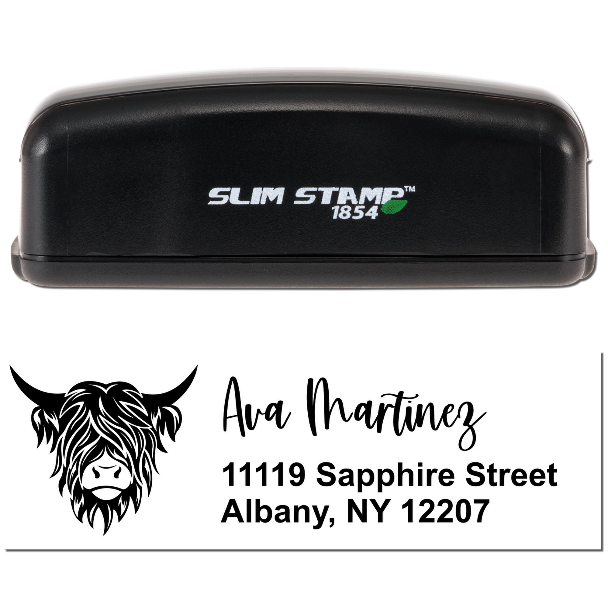 Slim Stamp 1854 self-inking custom rubber address stamp with highland cow logo, Ava Martinez name, and Albany NY address.