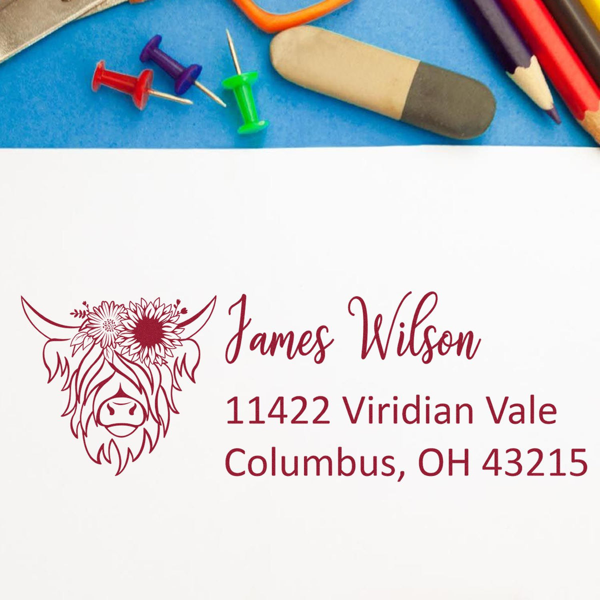 Custom cow floral return address rubber stamp with James Wilson name and Columbus, OH address for personalized mailing.