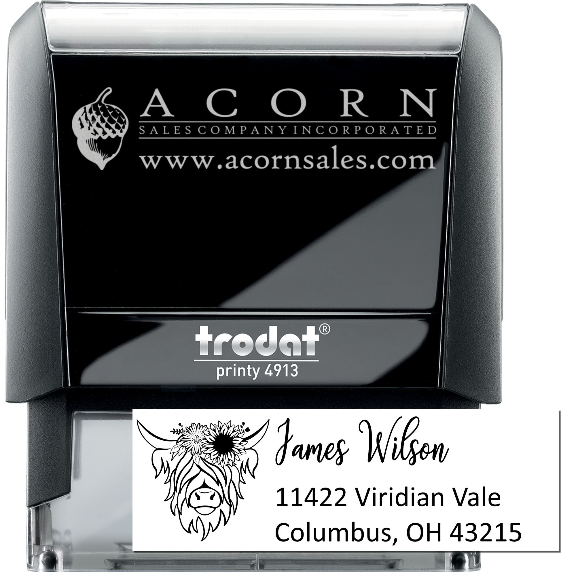 Custom self-inking rubber stamp, Trodat Printy 4913, with business logo and personalized address design.