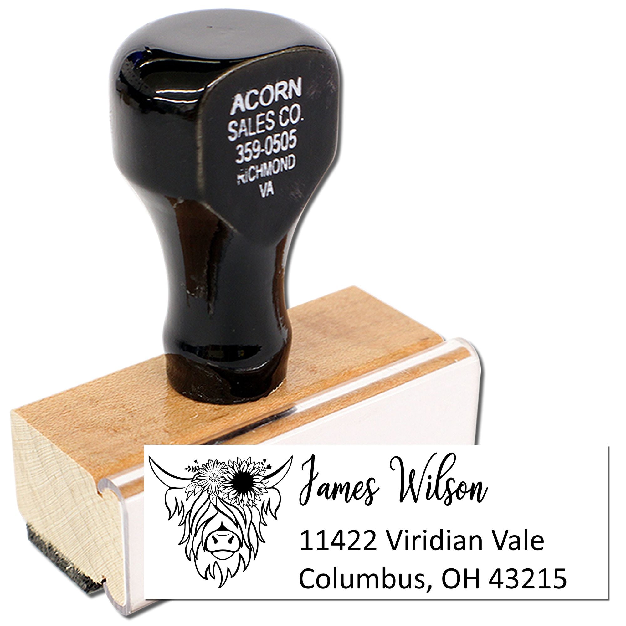 Custom rubber address stamp with bull head logo, James Wilson name, and Columbus, OH return address.