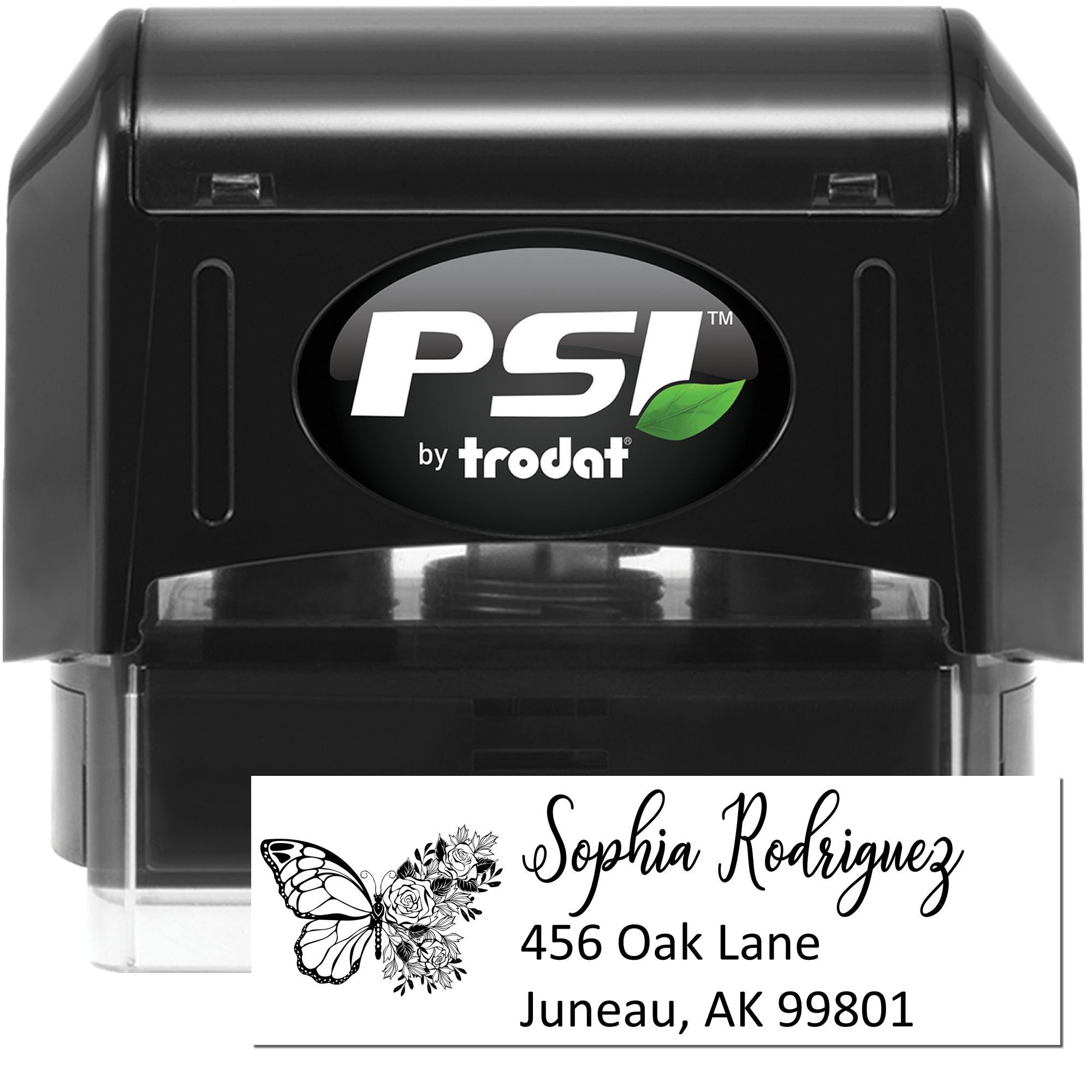 PSI by Trodat self-inking rubber stamp with custom butterfly floral address label for personalized mailing and return addresses