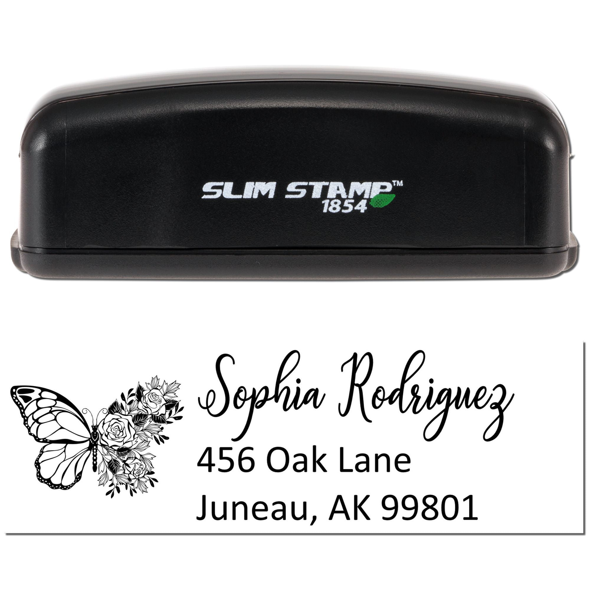 Custom self-inking rubber return address stamp with butterfly floral design for personalized envelopes and stationery.