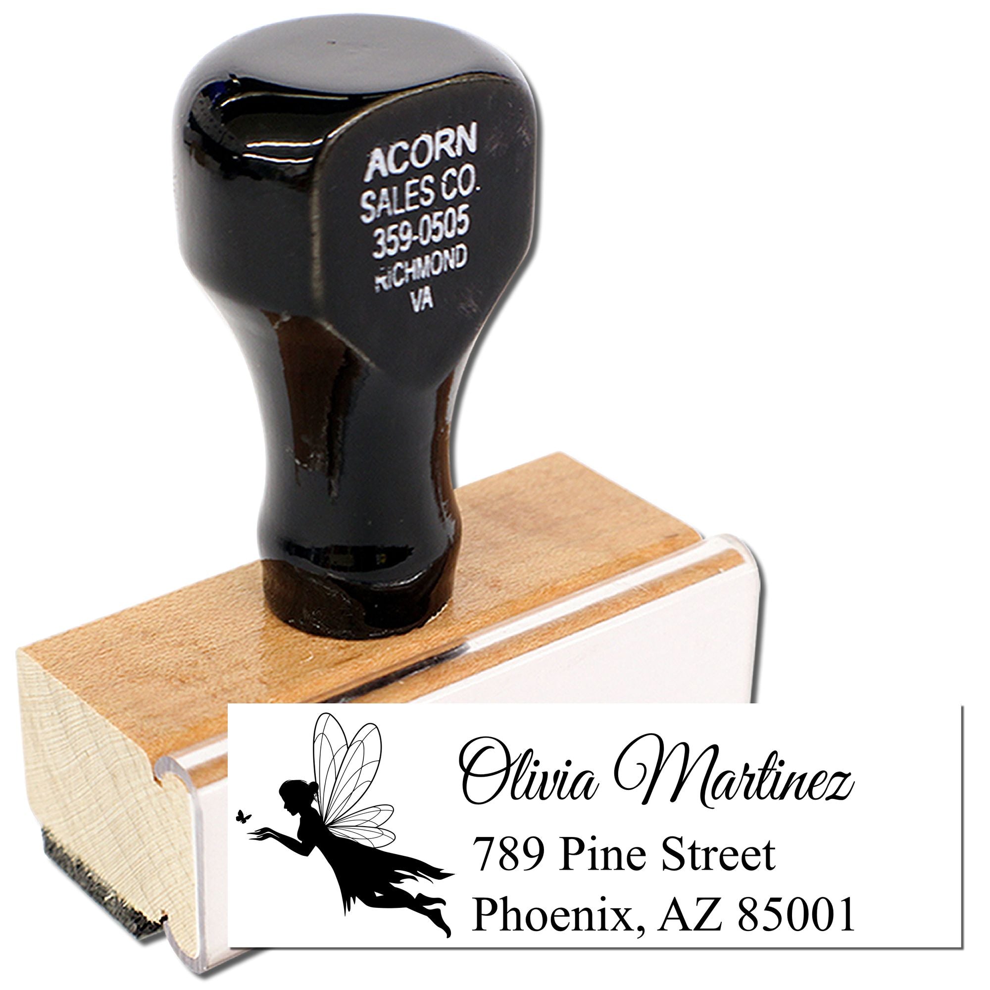 Personalized rubber address stamp with fairy silhouette, custom name, and Phoenix, AZ mailing address.