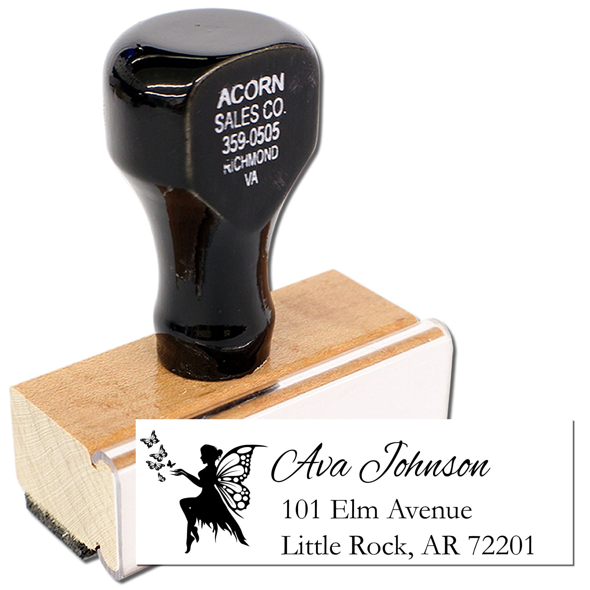 Custom rubber stamp for business address and logo, shown on a self-inking stamp mount.