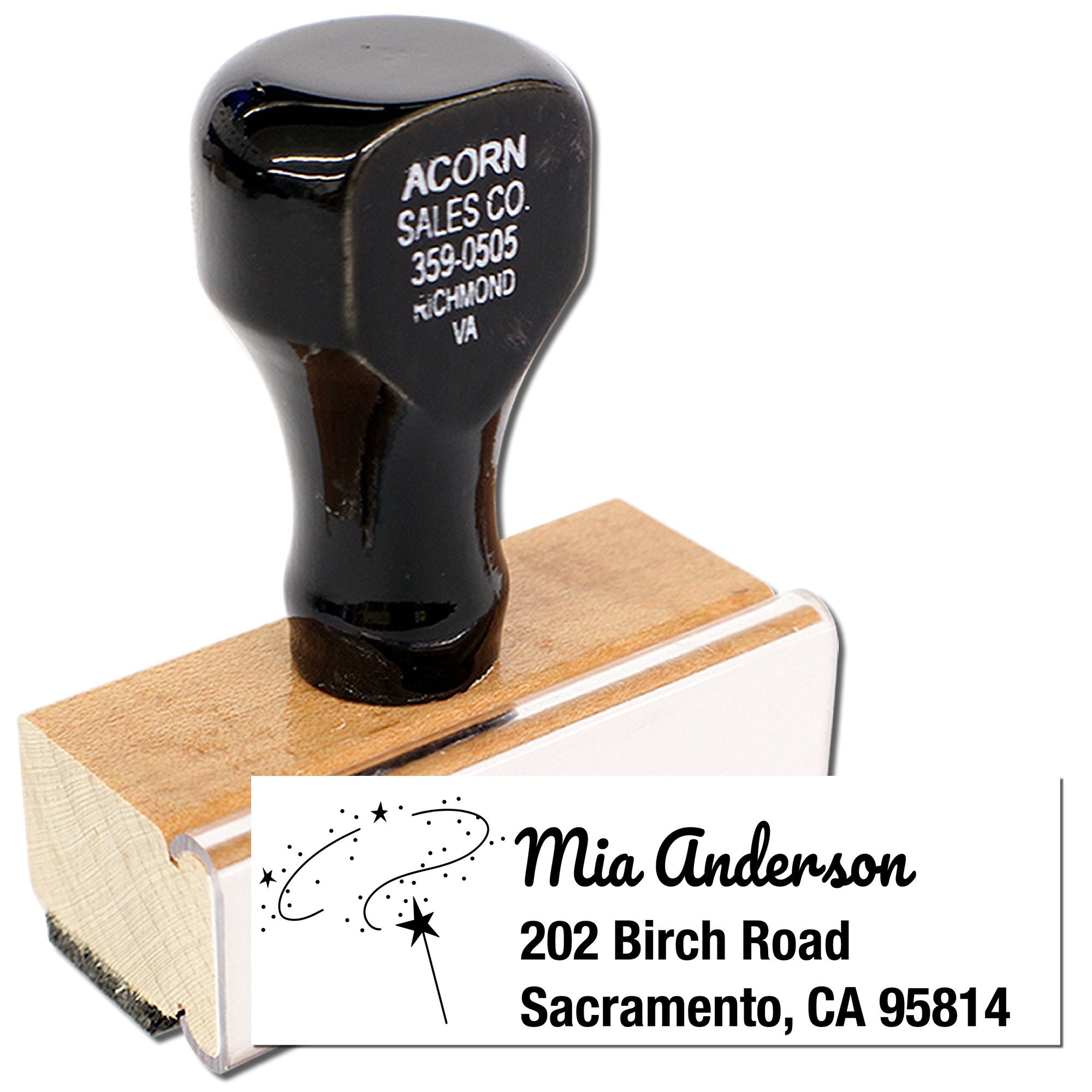 Custom return address rubber stamp with star design for Mia Anderson, Sacramento, CA mailing labels.