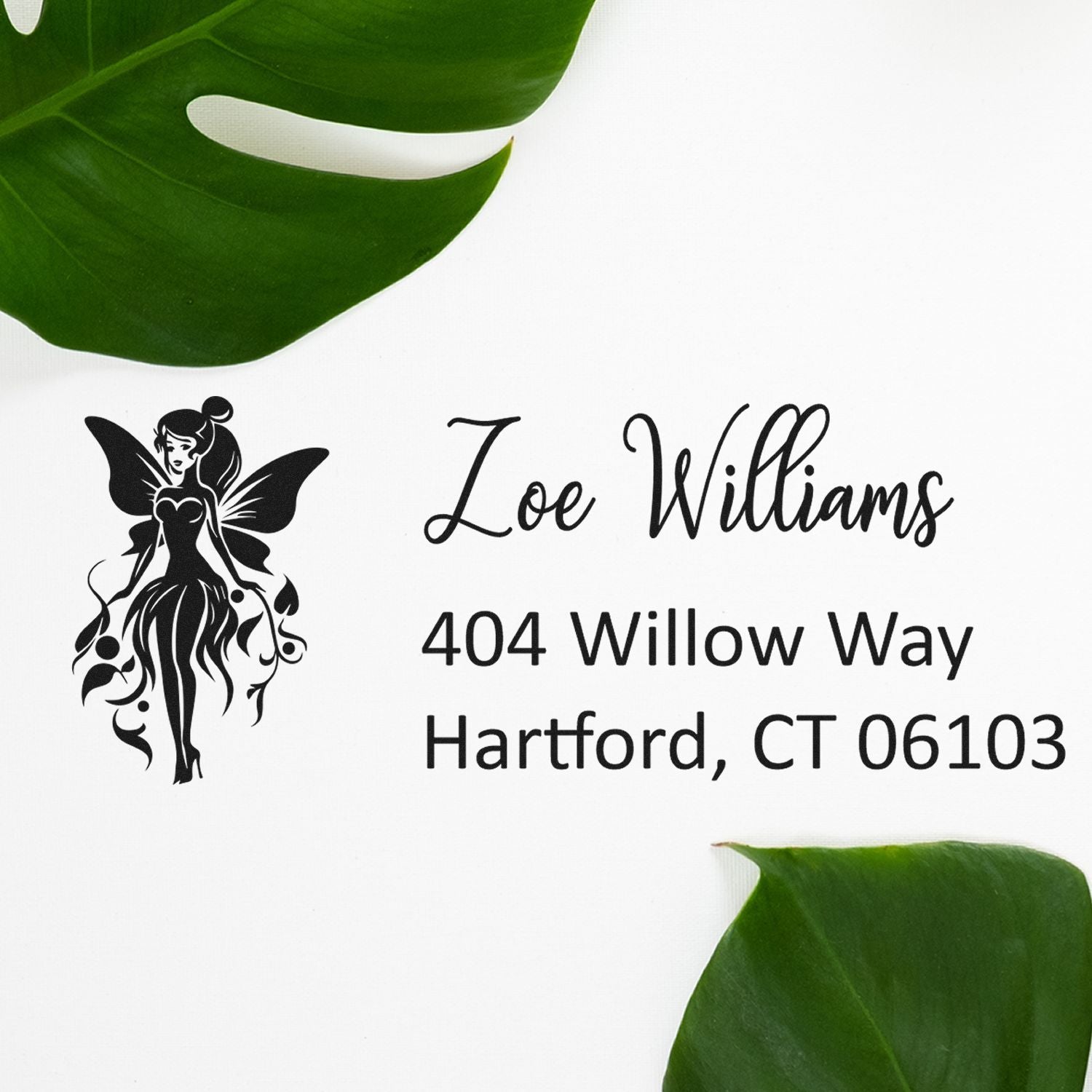 Custom fairy return address rubber stamp with Zoe Williams, 404 Willow Way, Hartford, CT 06103.