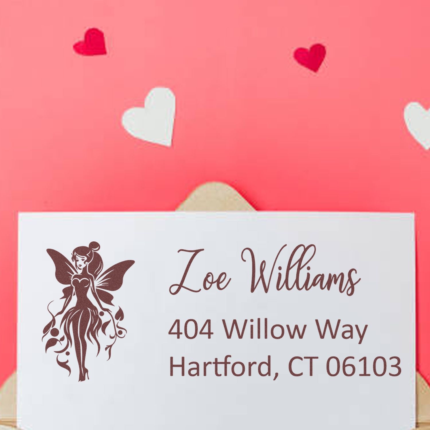 Custom fairy address rubber stamp for Zoe Williams, Hartford CT, ideal for wedding invitations and personalized envelopes.